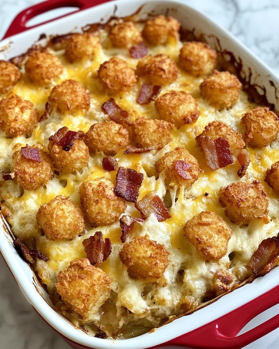 A white baking dish with red handles holds a tater tot casserole. The top layer is made up of golden-brown, crispy tater tots, arranged in tight rows covering the whole surface. Scattered around and slightly sunk into the tots are pieces of crispy brown bacon and melted shredded cheese giving a mix of yellow, white, and light brown colors. The edges of the casserole show some baked-on bits that are deeper golden brown, adding texture. The casserole sits on a white marbled surface. photo taken with an iphone --ar 4:5 --v 6.1