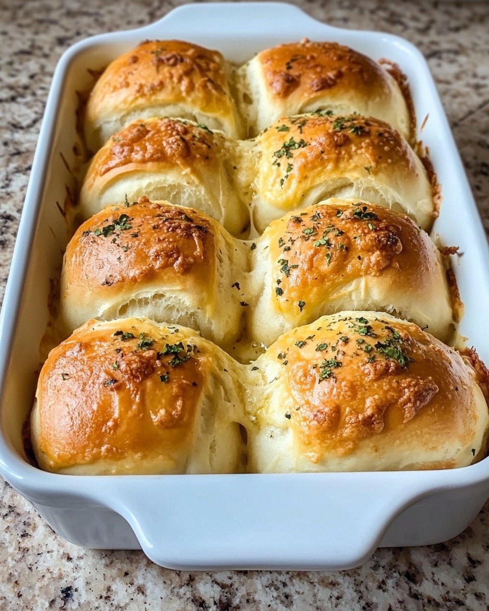 There is a white ceramic baking dish holding eight baked dinner rolls arranged in two columns and four rows. Each roll is golden brown on top with melted cheese that is slightly crispy and lightly sprinkled with green herbs. The sides of the rolls are a pale golden white, showing soft dough texture. The baking dish sits on a brown and light beige speckled countertop, but imagine it on a white marbled surface. The rolls look warm and freshly baked, filling the dish closely without gaps. Photo taken with an iphone --ar 4:5 --v 6.1