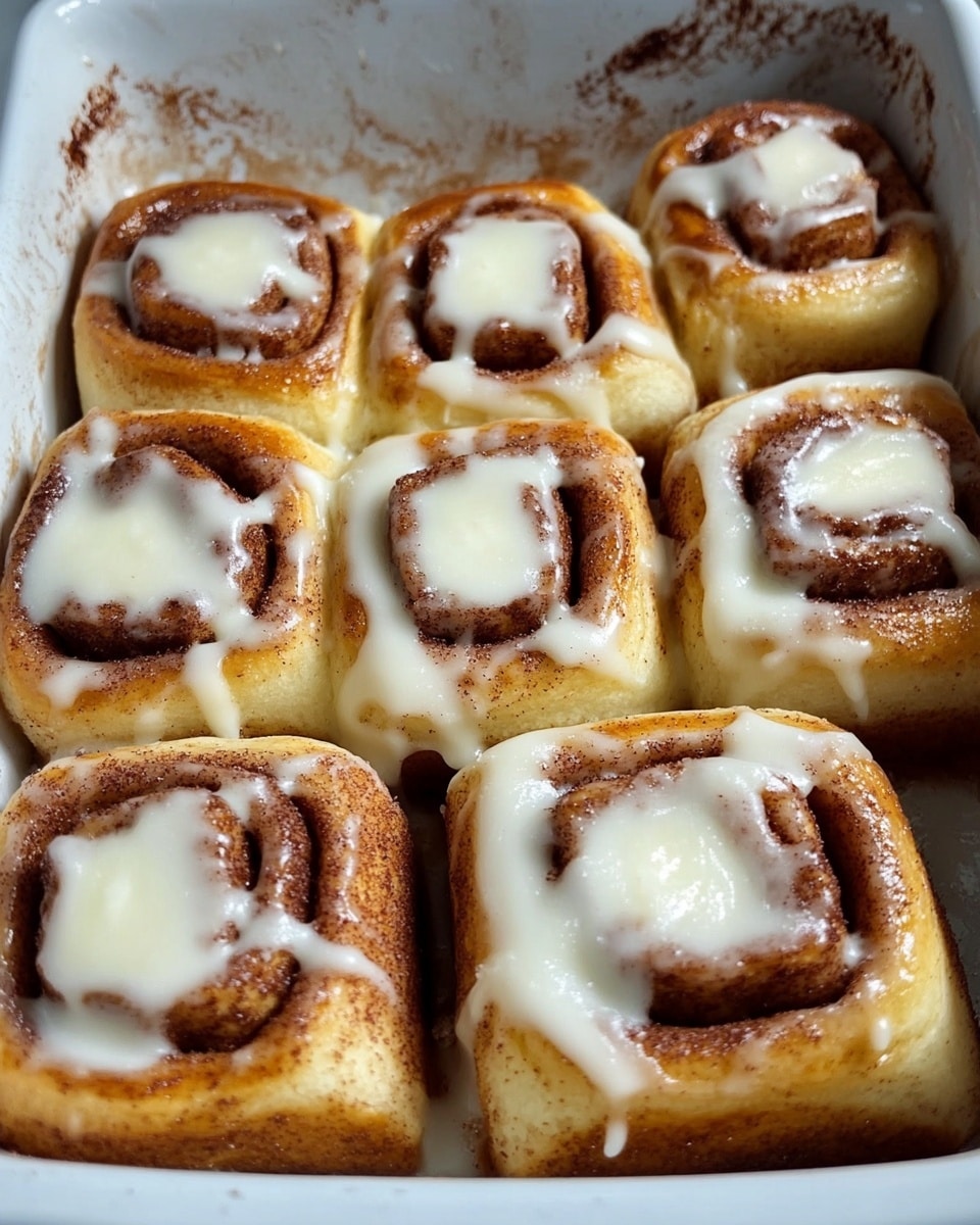 Twelve soft cinnamon rolls sit closely packed in a white baking dish, each roll showing a golden brown top layer covered with creamy, smooth white icing spread unevenly across the center. The rolls have a slightly crusty edge with visible dark cinnamon specks swirling through the dough. There is a light glaze and cinnamon dust residue on the bottom and sides of the dish. The rolls are square-shaped and arranged in a 3x4 grid on a white marbled surface. photo taken with an iphone --ar 4:5 --v 6.1