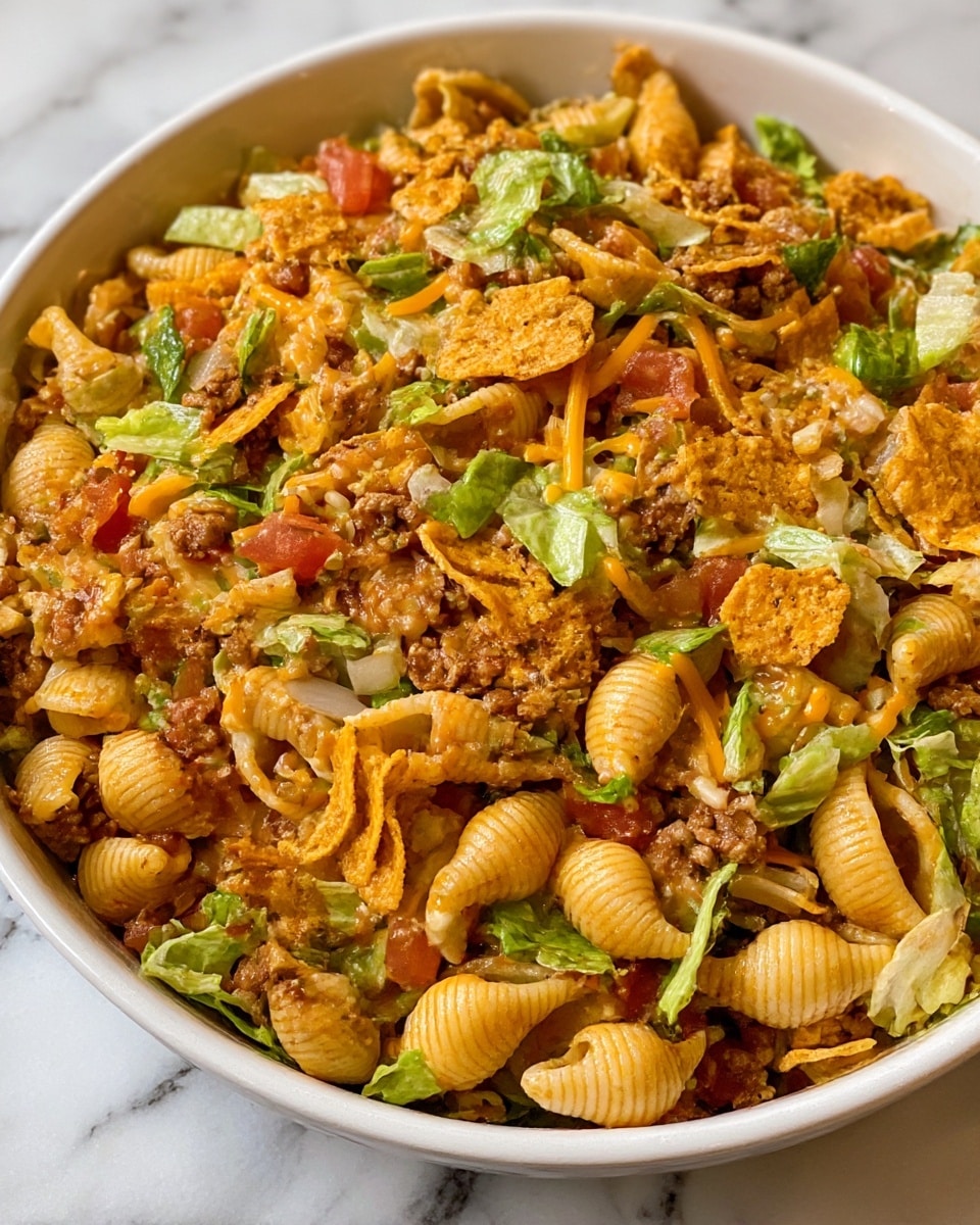 In a white bowl on a white marbled surface, there is a colorful pasta salad with three main layers: the bottom layer has small shell pasta in light beige color mixed with some browned ground meat; the middle layer includes bright green chopped lettuce and bits of fresh red tomato; on top, there are scattered orange triangular chips adding texture, with shredded yellow cheese sprinkled throughout. A light sauce coats the ingredients, making them slightly shiny, and a wooden spoon is placed inside the bowl, partially resting on the salad. The photo taken with an iphone --ar 4:5 --v 6.1