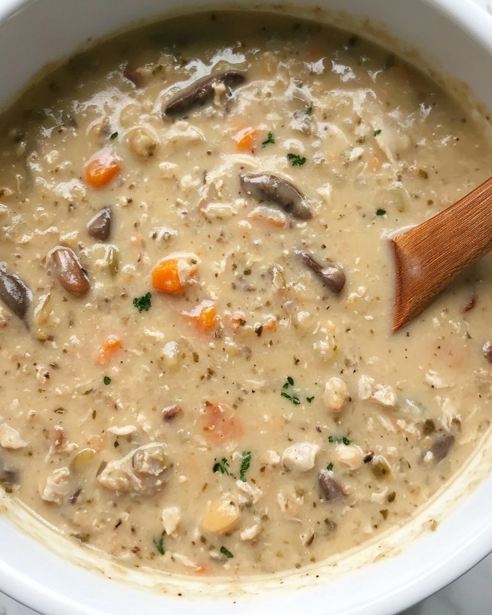 A close-up view of a creamy, thick soup inside a white bowl. The soup has a beige base with visible small pieces of shredded pale meat, dark brown mushroom slices, and tiny chunks of orange carrots. There are small green herb bits spread throughout, giving texture and color contrast. A wooden spoon rests on the right edge of the bowl, partially submerged in the soup. The bowl sits against a white marbled surface. photo taken with an iphone --ar 4:5 --v 6.1