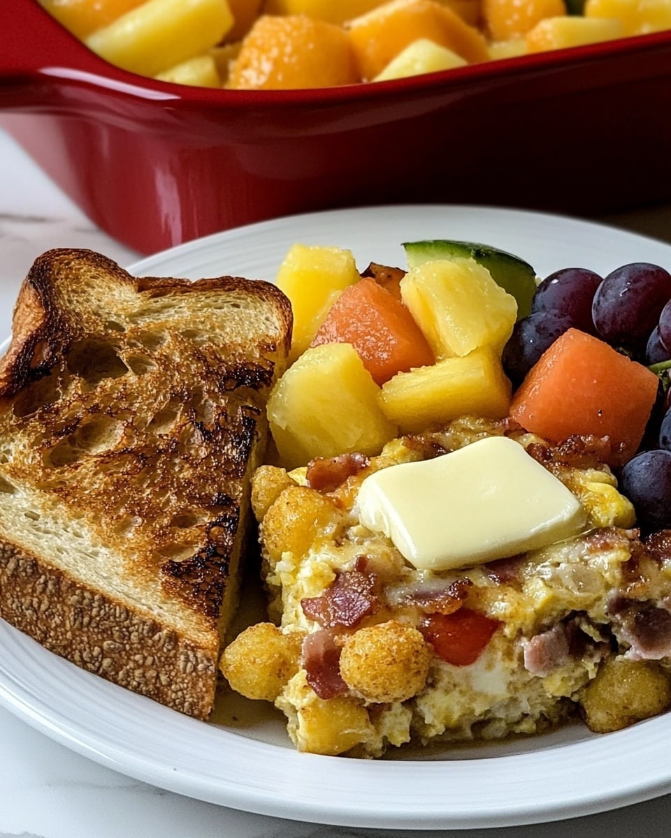 A white plate holds three main parts: a triangle of golden brown toasted bread with a smooth spread of butter melting on top to the left, a colorful fruit mix on the upper right consisting of bright yellow pineapple chunks, orange cantaloupe cubes, pale green honeydew melon pieces, and a mix of shiny purple and green grapes, and a hearty square piece of egg casserole at the bottom right with a textured top showing small browned tater tots, melted white and yellow cheese, and bits of crispy bacon inside a golden egg base. The plate sits on a white marbled surface with a red casserole dish filled with more egg casserole in the background. Photo taken with an iphone --ar 4:5 --v 6.1
