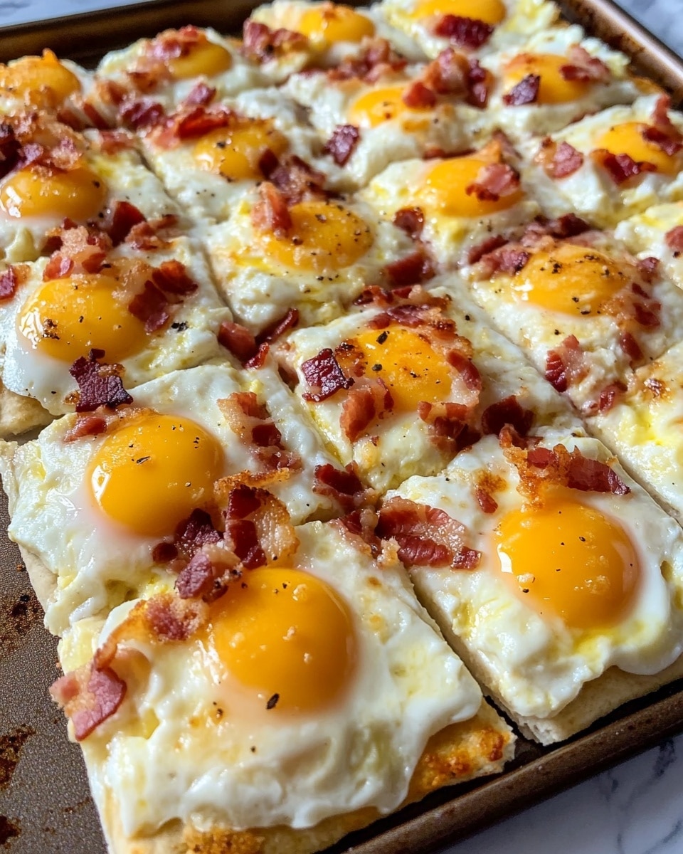 The image shows a rectangular breakfast pizza cut into small square pieces on a baking tray. The bottom layer is a golden brown crust, topped with a layer of creamy white sauce. Above that, there are scrambled eggs scattered in small fluffy yellow clusters across the pizza. Melted white and orange cheese is generously spread over the eggs, blending in some gooey and smooth texture. The top layer consists of chopped cooked bacon bits, reddish-brown with a crispy look, evenly distributed over the entire pizza. The background is a white marbled texture. Photo taken with an iphone --ar 4:5 --v 6.1