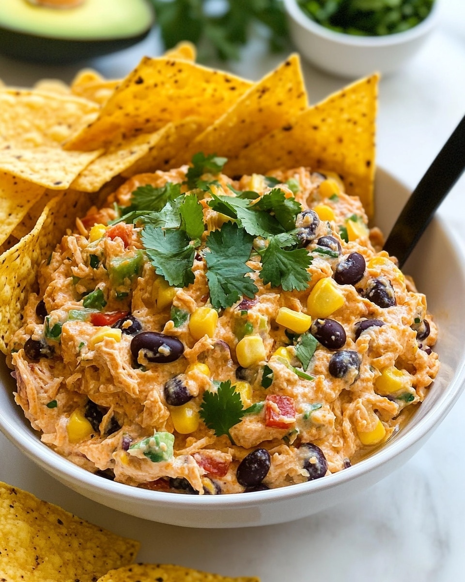 A white shallow bowl holds a creamy layered dip made of orange-colored shredded chicken mixed with black beans, yellow corn, small bits of red bell pepper, and finely chopped herbs, all topped with green cilantro leaves. Around one side of the dip, a fan of golden-yellow tortilla chips stands upright, adding a crunchy texture contrast. A black serving spoon rests on the edge of the bowl, angled diagonally into the dip. In the blurred background, half an avocado and a small white bowl of chopped herbs sit on a white marbled surface. photo taken with an iphone --ar 4:5 --v 6.1