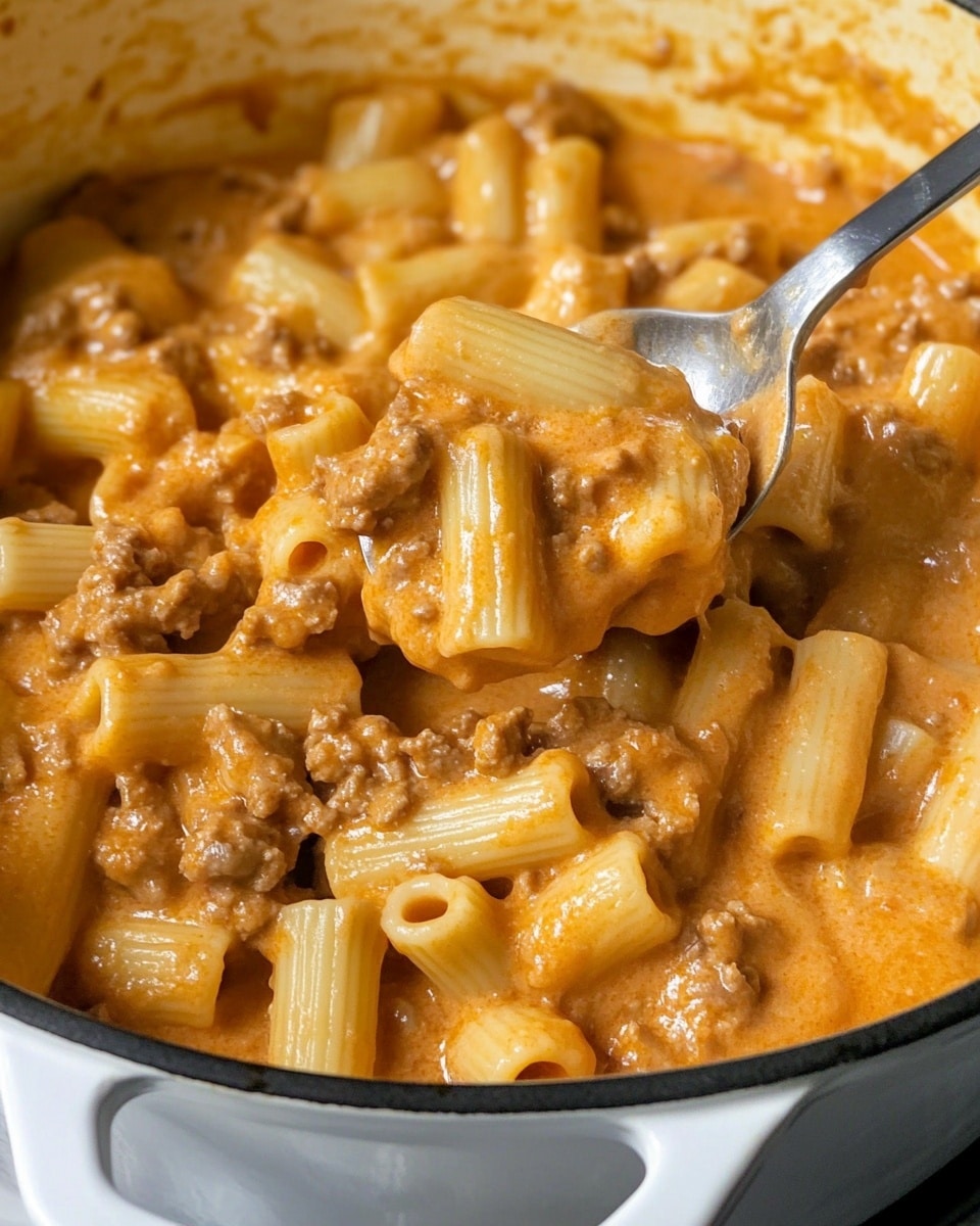 The image shows a close-up of a spoon lifting creamy pasta from a white pot filled with a thick, orange-colored sauce mixed with small brown meat pieces and short tube-shaped pasta. The sauce coats the pasta evenly, giving it a smooth and slightly shiny texture. The pot rim is visible, and the pasta inside looks tender and mixed well with the sauce. The background has a white marbled texture. Photo taken with an iphone --ar 4:5 --v 6.1