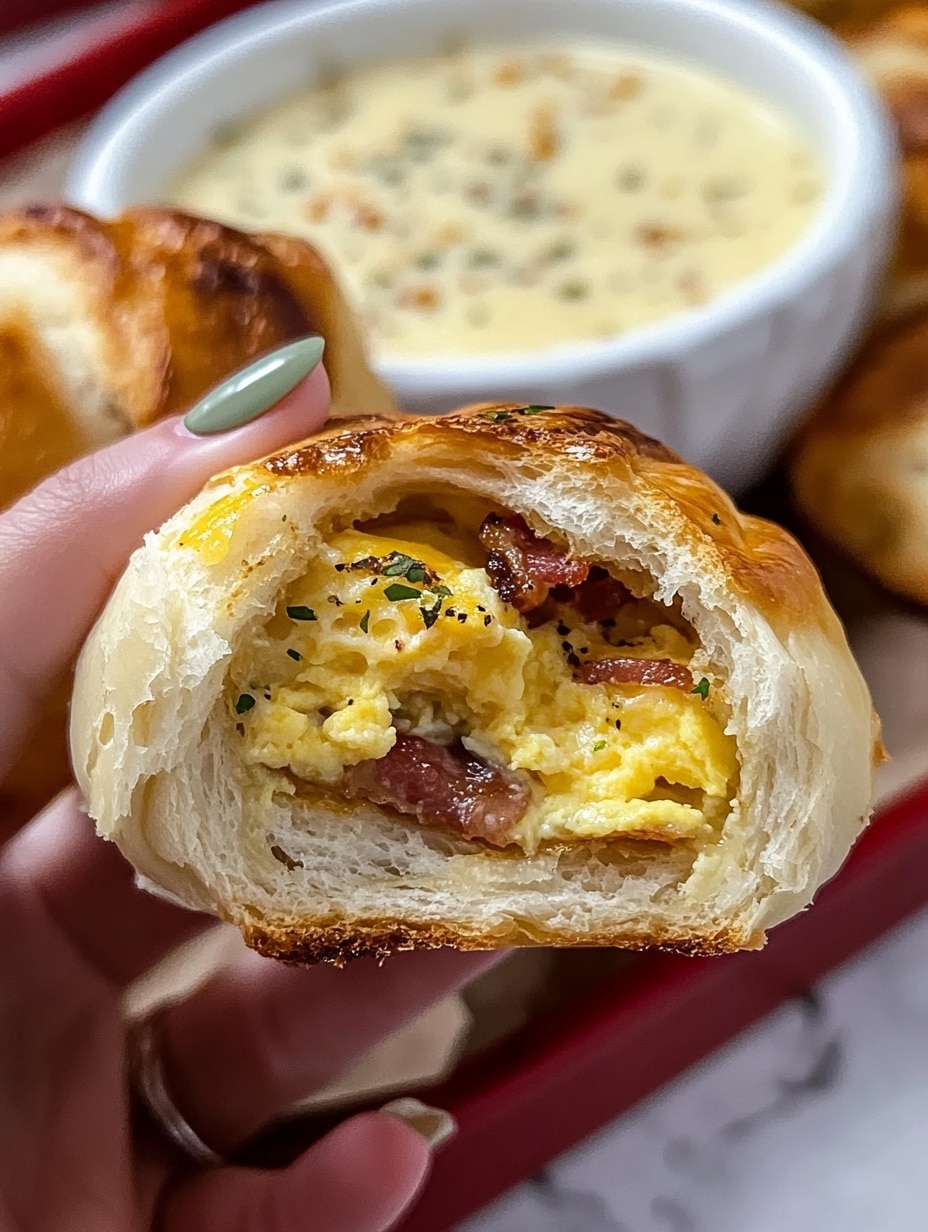 A woman's hand with white nail polish is holding a torn piece of bread roll, showing three layers inside: a soft white dough outer layer, a middle layer of yellow scrambled eggs, and a layer of crispy browned bacon bits mixed with melted yellow cheese. The bread looks flaky and slightly browned on the top with green herb sprinkles. In the background, there is a white bowl filled with thick, creamy white gravy spotted with pepper, placed on a red tray with more bread rolls. The scene is set on a white marbled surface. photo taken with an iphone --ar 4:5 --v 6.1
