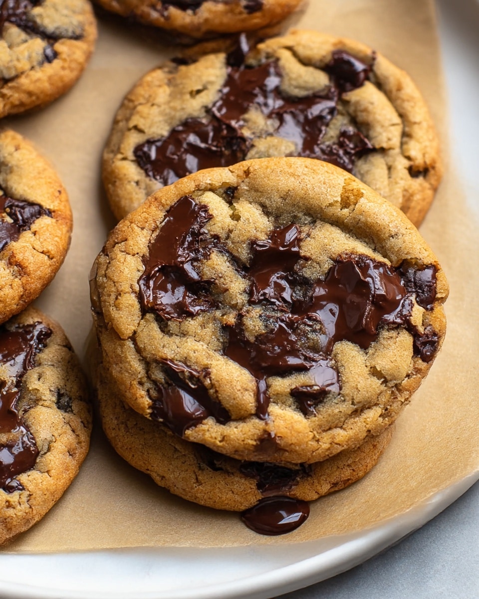 Four round cookies sit on a piece of light brown parchment paper, each about the same size with slightly uneven edges. The cookies are golden-brown with visible melted dark brown chocolate chunks spread unevenly on the surface, some parts glossy and soft while others look slightly firmer. One cookie shows chocolate melting onto the parchment paper below. The parchment paper lies inside a black tray, and the whole scene rests on a white marbled texture. photo taken with an iphone --ar 4:5 --v 6.1