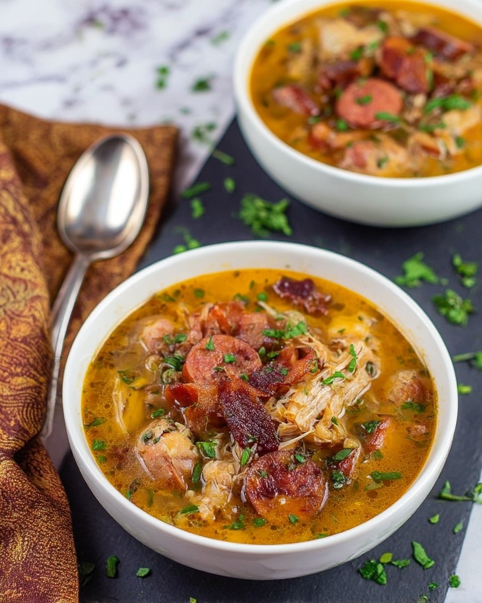 The image shows two white bowls filled with a rich soup placed on a black slate board with some green herbs scattered around. The soup has several layers: the base is a warm orange-yellow broth, on top are pieces of light brown shredded meat, dark reddish-brown sausage slices, and crisp darker brown bacon pieces. Small green herb leaves are sprinkled over everything, adding a fresh touch. One bowl is in sharp focus in the front, while the other is slightly blurred in the background. The scene is set on a white marbled surface with a silver spoon nearby and part of a patterned brown cloth to the left. photo taken with an iphone --ar 4:5 --v 6.1