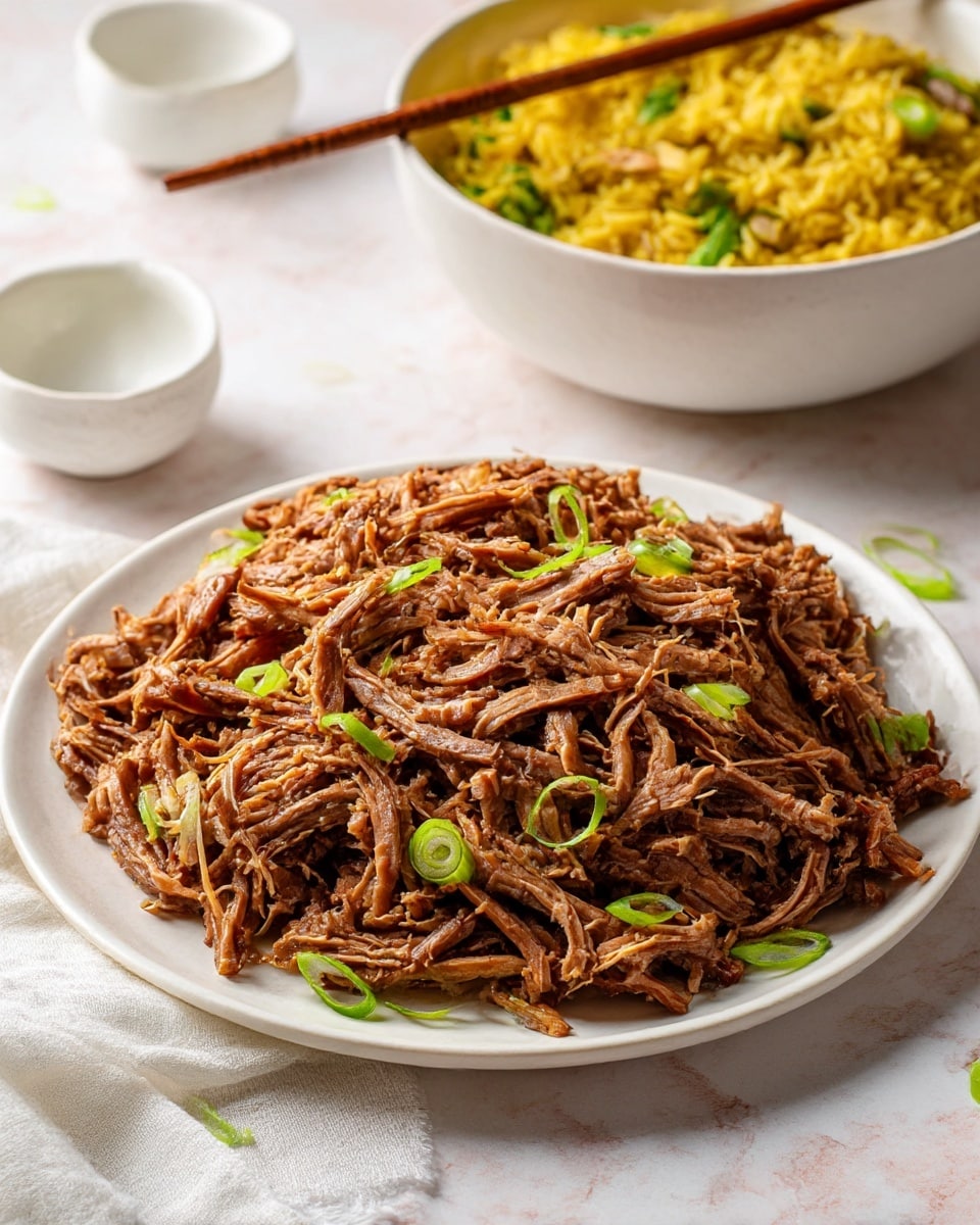A white plate filled with shredded meat that has a rich brown color and a tender, fibrous texture, scattered with thin slices of bright green onion on top for contrast. Behind it, there is a white bowl holding a bowl of yellow rice with pulled meat and green vegetables, held by a pair of brown chopsticks resting on the edge. The scene is set on a white marbled surface with a white cloth underneath the plate and small white bowls nearby. Photo taken with an iphone --ar 4:5 --v 6.1