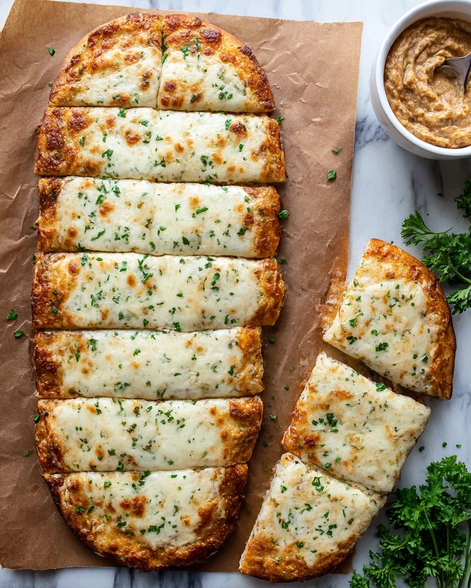 A large flatbread pizza with a golden-brown crust is topped with a thick layer of melted white cheese that is browned in spots, sprinkled sparsely with green herbs. The pizza is cut into six rectangular slices on the left side, while the right side shows an uncut portion. The flatbread rests on brown parchment paper placed on a white marbled surface. On the right side of the image, a white bowl with a chunky light brown sauce is visible along with some fresh green parsley sprigs scattered nearby. Photo taken with an iphone --ar 4:5 --v 7
