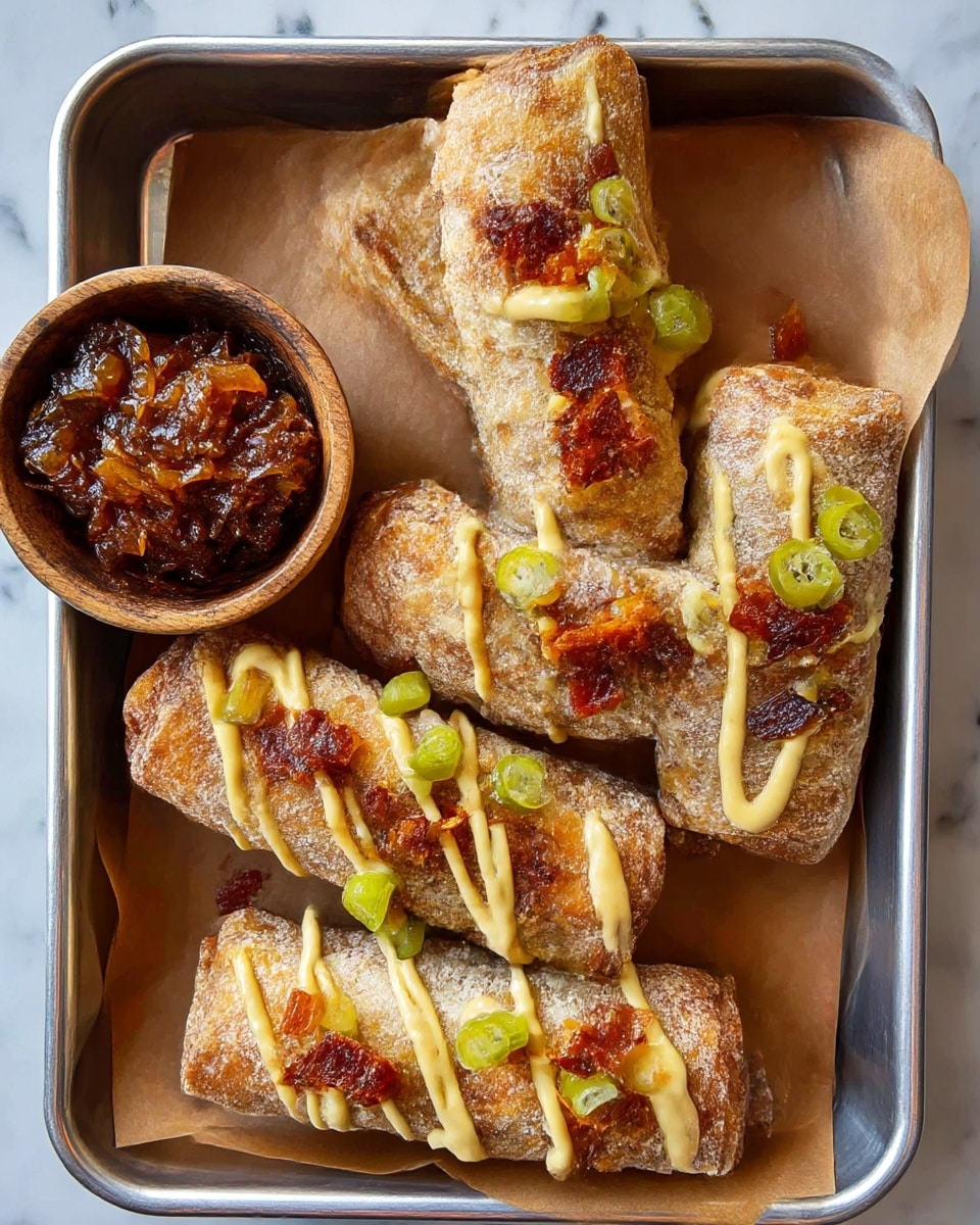 A tray shows seven fried, golden-brown rolls with a crispy texture on the outside. One roll is cut in half and positioned on top of the others, revealing layers inside: finely crumbled cooked beef at the bottom, bright yellow-green chopped pickles in the middle, and bits of crispy bacon on top. The rolls are drizzled with a light orange sauce and scattered with small pieces of green pickles and bacon bits on the surface. The tray is placed on a white marbled background. photo taken with an iphone --ar 4:5 --v 7