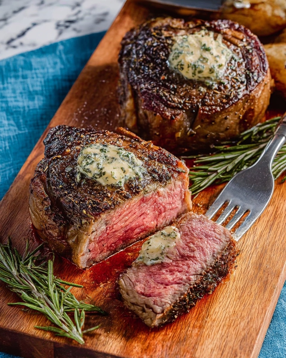The image shows a wooden board with two thick steaks, each topped with a small dollop of herb butter that is melting slightly. One steak is whole, while the other is sliced to show a pink center inside with a dark, crusty outside. A silver fork is holding up a piece of the sliced steak. The steaks have a seared surface with black pepper and herbs. Sprigs of fresh rosemary are placed near the meats, and the wooden board is sitting on a blue cloth with a white marbled surface beneath. Photo taken with an iphone --ar 4:5 --v 7