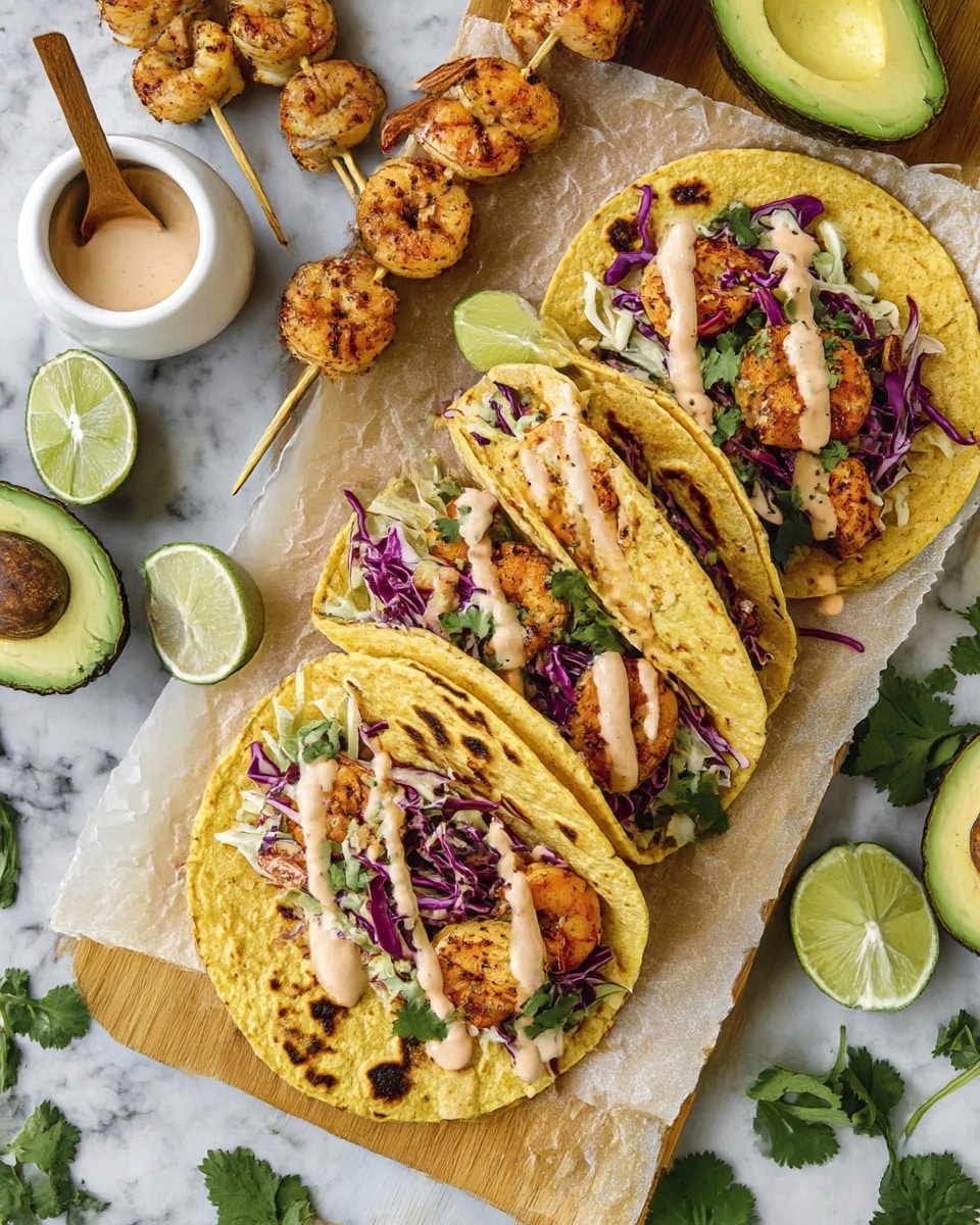 The image shows four grilled shrimp tacos on a light wooden board lined with parchment paper. Each taco has a golden yellow corn tortilla with some brown spots, filled with a layer of shredded purple and white cabbage, bright orange grilled shrimp, fresh green cilantro leaves, and a drizzle of creamy light pink sauce. One taco is open with a lime wedge tucked inside, while two tacos are topped with more shrimp and cabbage. To the left, there are three wooden skewers with grilled shrimp resting beside the tacos, and a small white ceramic bowl with pepper sits behind them. A wooden spoon with light pink sauce is placed near the tacos, and around the board are halved avocados, lime wedges, and green cilantro leaves scattered over a white marbled surface. photo taken with an iphone --ar 4:5 --v 7