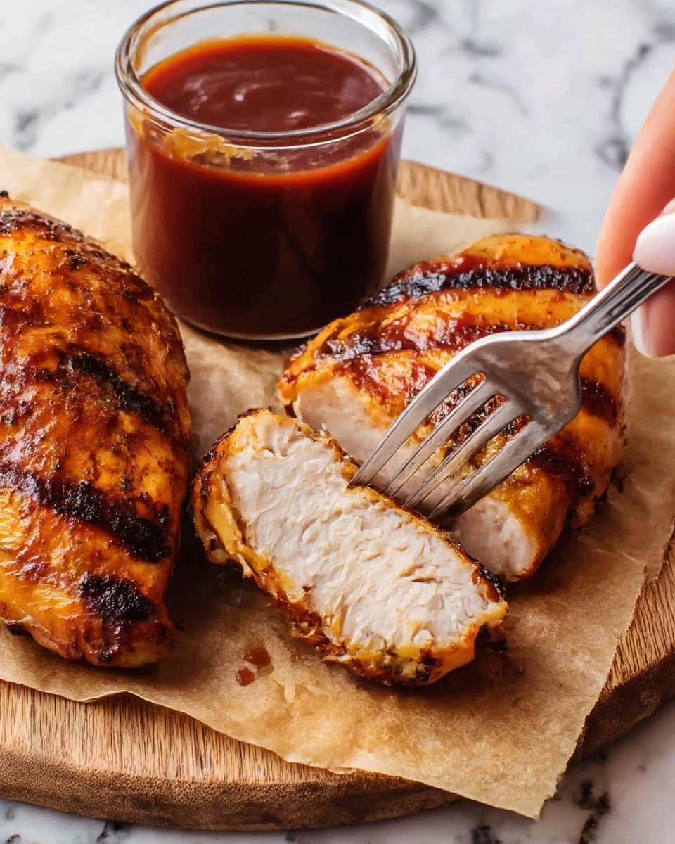 The image shows two pieces of grilled chicken with a golden-brown, slightly charred outside and tender white inside, placed on a wooden board with parchment paper underneath. A silver fork is held by a woman's hand, piercing one piece of the chicken. Next to the chicken is a clear glass cup filled with thick, dark reddish-brown barbecue sauce. The scene is set on a white marbled textured surface. photo taken with an iphone --ar 4:5 --v 7