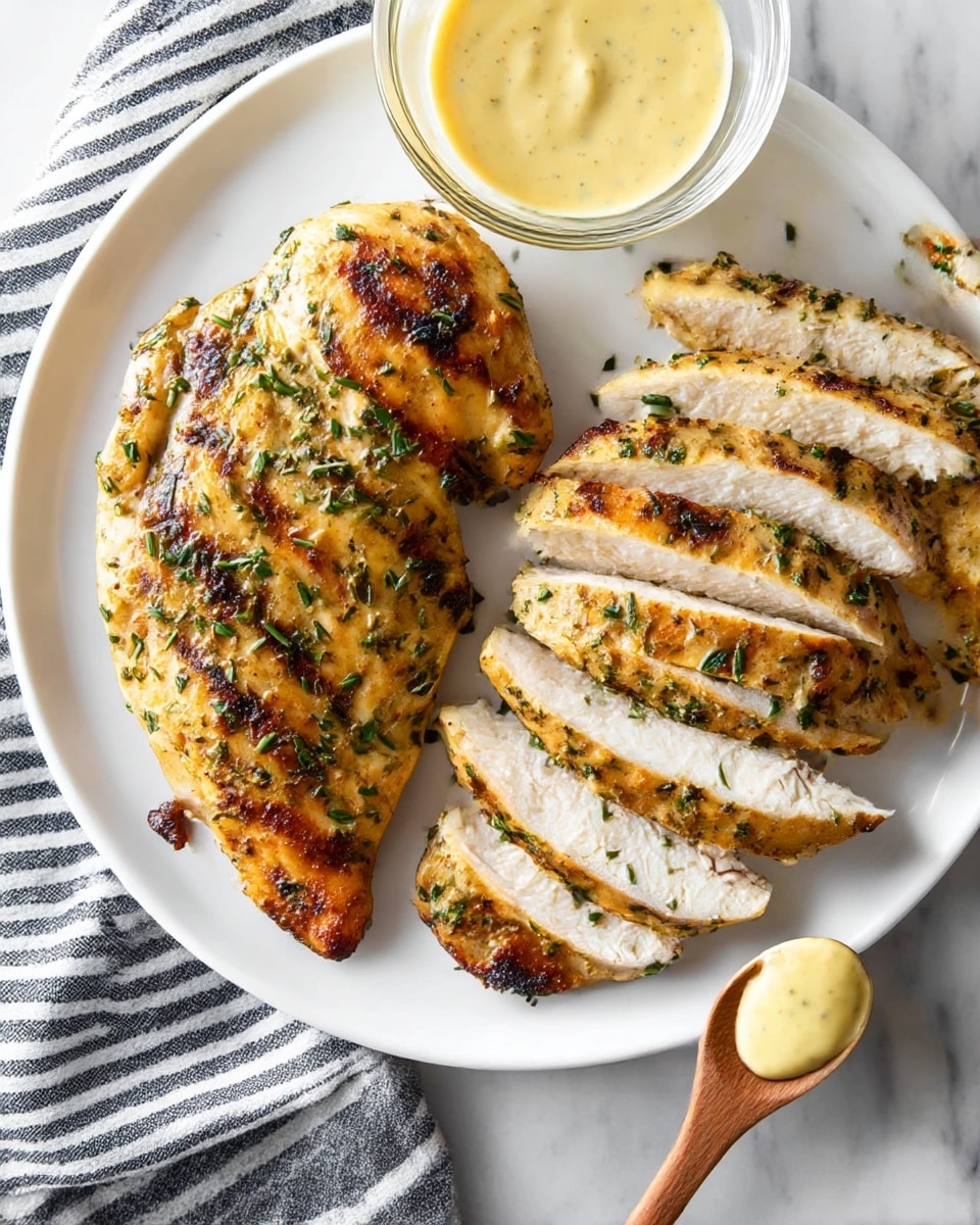 A white plate holds three pieces of grilled chicken covered in green herb sauce with small parsley bits on top; the chicken is golden brown with charred grill marks. A fork and knife rest on the left side of the plate, with the fork piercing a piece of chicken. On the right edge of the plate is a small glass container of creamy yellow sauce. The plate sits on a white marbled surface. photo taken with an iphone --ar 4:5 --v 7