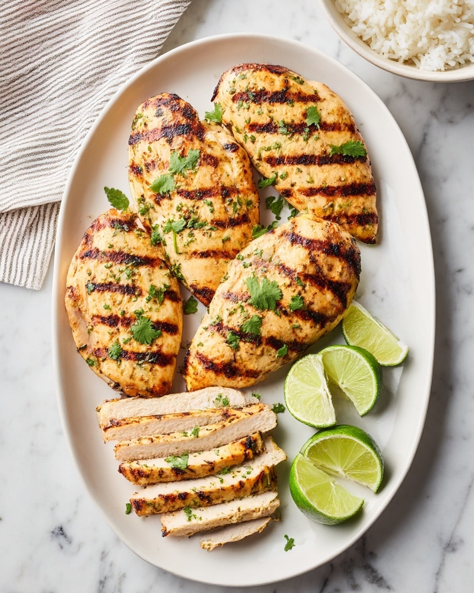 The image shows a white plate with two grilled chicken pieces, one whole and one sliced into strips. The chicken is light golden with dark grill marks and small green herb bits scattered on top. Fresh green cilantro leaves are placed around the chicken, adding a pop of color. Two lime wedges sit near the edge of the plate. The plate is set on a white marbled surface, and the overall look is fresh and clean, with the grilled chicken as the main focus. photo taken with an iphone --ar 4:5 --v 7