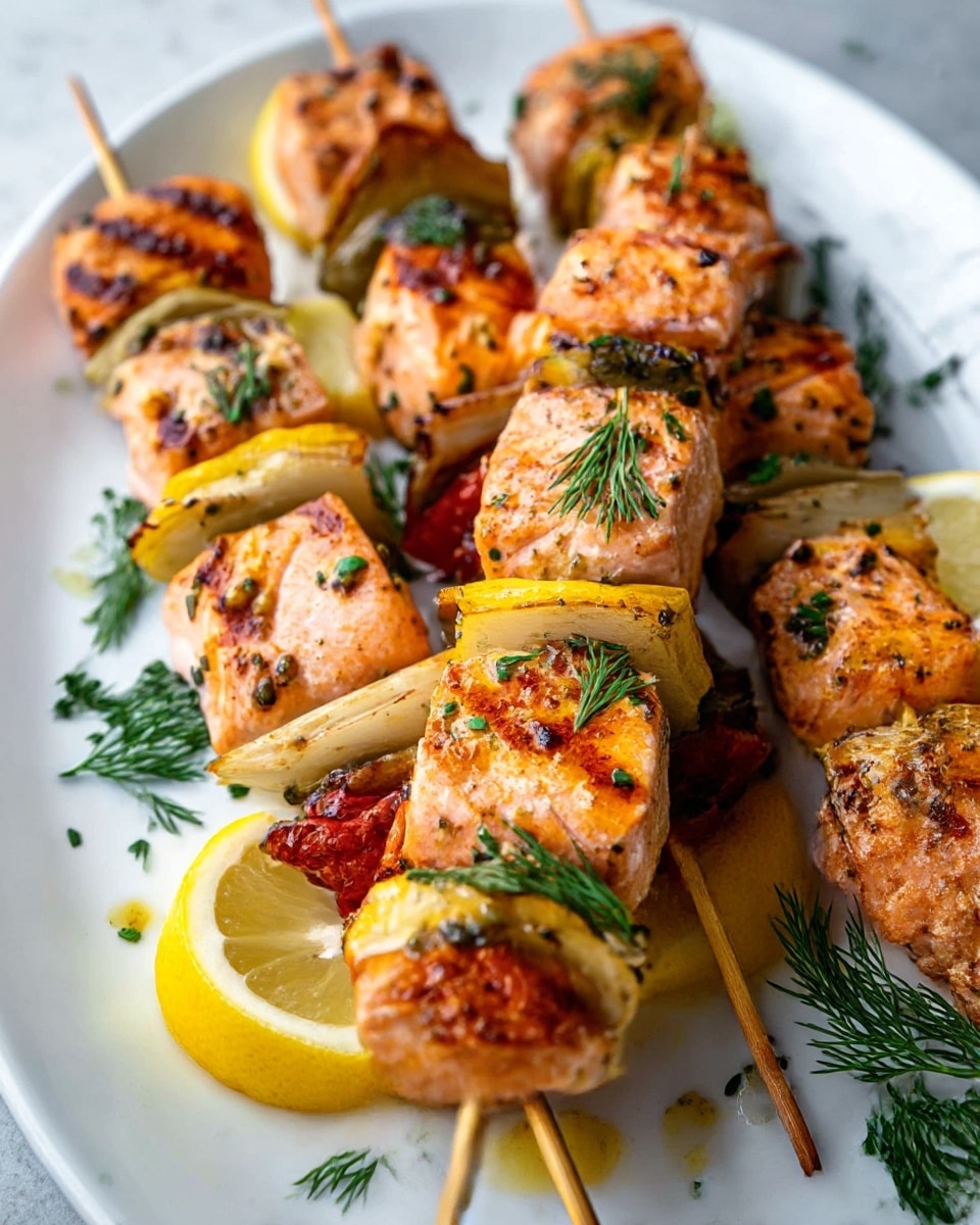 The image shows three wooden skewers placed on a white plate with a ribbed edge, set on a white marbled surface. Each skewer has four light brown grilled salmon pieces with a slightly crispy texture and lovely grill marks. Between the salmon pieces are thin yellow lemon slices, adding bright color and freshness. Small green capers and white sesame seeds are sprinkled on the salmon. Two sprigs of fresh green parsley are on the left side of the plate, held by a woman's hand. The overall look is fresh, simple, and colorful. photo taken with an iphone --ar 4:5 --v 7