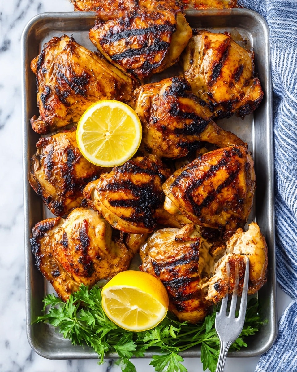 A metal tray filled with several grilled chicken pieces showing dark char marks and a shiny, golden-brown surface, layered closely together. On the tray, two bright yellow lemon wedges with a moist texture add a touch of color, placed near the chicken pieces. A small bunch of fresh green parsley lies at the bottom right corner. A fork holds one chicken piece on the right side of the tray. The tray rests on a white marbled surface with part of a blue-striped cloth napkin placed to the right side. Photo taken with an iphone --ar 4:5 --v 7
