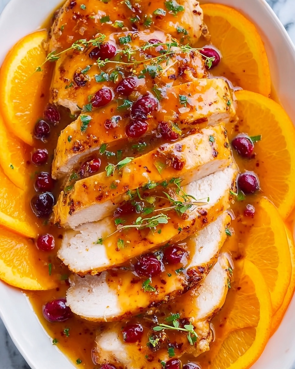 The image shows a white plate with sliced chicken covered in a shiny, orange-brown sauce with visible herbs and small red berries, likely cranberries. The chicken has five thick slices with a tender, white inside, and the sauce glistens on top, sprinkled with green herb leaves and orange zest. Underneath the plate, there are bright orange slices arranged around the chicken, all set against a white marbled surface. Photo taken with an iphone --ar 4:5 --v 7