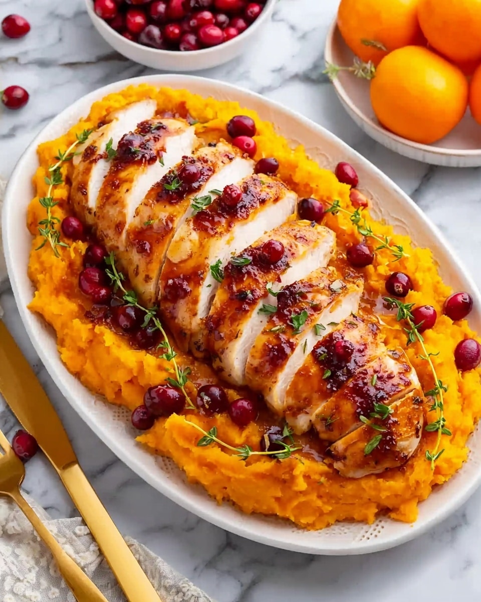 A white oval plate filled with a smooth bright orange mashed layer at the bottom, topped with seven slices of golden brown roasted chicken arranged in a row, each slice showing juicy white inner meat and a glossy cranberry glaze on top. Scattered fresh red cranberries and small green thyme leaves add color contrast on the chicken and mash. The plate is placed on a white marbled surface, with a gold fork and knife beside it, and in the background are a small white bowl of cranberries and bright orange fruits. photo taken with an iphone --ar 4:5 --v 7