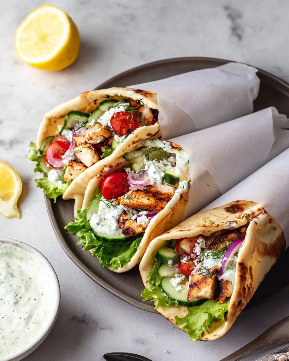 A close-up view of a pita wrap showing three main layers inside, placed on a black plate over a white marbled background. The first layer at the bottom is bright green fresh lettuce leaves peeking out from the pita's open end. On top of the lettuce, the second layer consists of grilled chicken strips with a golden brown color and slight charring. The third layer is a generous drizzle of creamy white sauce with small green herb specks, topped with thin slices of cucumber, red tomato rounds, and thin strips of purple onion. The pita bread itself is golden-brown and toasted, wrapped around the filling and partially covered with white paper. Photo taken with an iphone --ar 4:5 --v 7