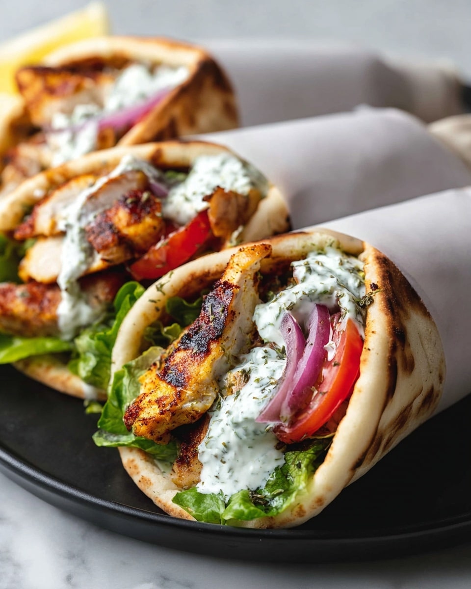 Three grilled chicken wraps sit on a white plate, each wrapped partially in white paper. Each wrap has a soft, slightly toasted flatbread folded around layers of fresh green lettuce at the bottom, golden-brown grilled chicken pieces, dollops of white creamy sauce, slices of light green cucumber, halved red cherry tomatoes, thin slices of purple onion, and small bits of white cheese sprinkled on top. The wraps show a mix of colors from the fresh vegetables and cooked chicken. On the white marbled surface next to the plate, there is a lemon wedge and a white bowl of creamy sauce with two vintage silver spoons resting on it. Photo taken with an iphone --ar 4:5 --v 7