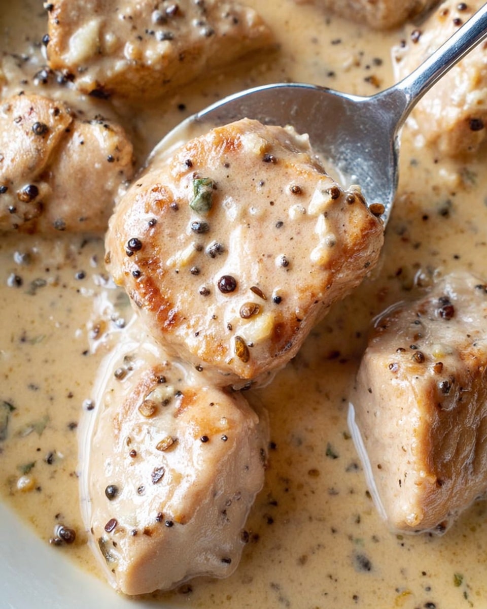The image shows pieces of cooked meat covered in a creamy beige sauce speckled with cracked black pepper and small herbs. The meat pieces are light brown with tender texture, sitting in a thick, smooth sauce that pools around them. One piece is centered with a silver spoon lifting part of it. The sauce has a slightly glossy finish with visible chunks of seasoning, all on a white marbled surface. photo taken with an iphone --ar 4:5 --v 7
