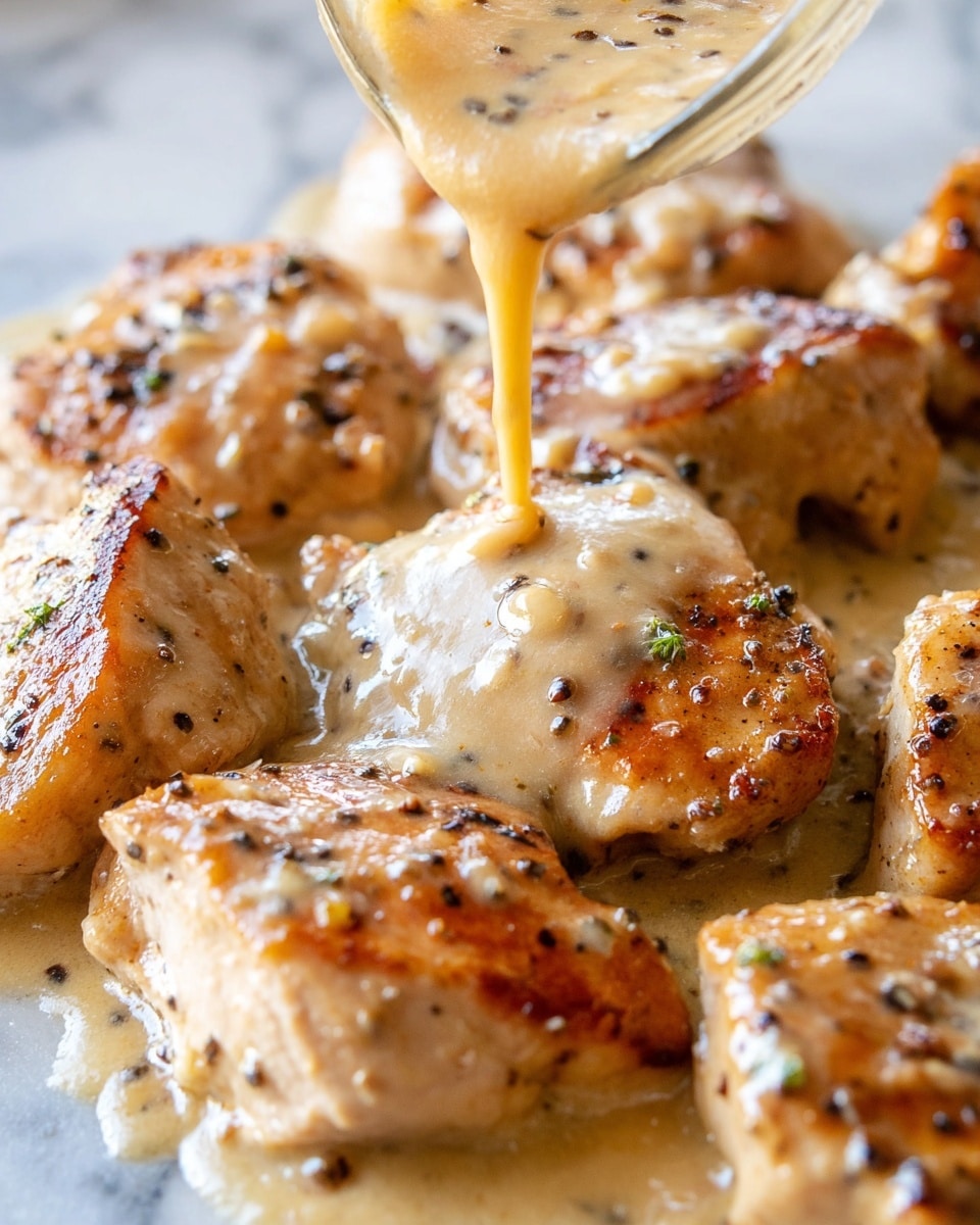 A close-up of cooked chicken pieces arranged closely together, each piece having a golden-brown seared top with specks of black pepper and herbs. Creamy light beige sauce with visible small bits of seasoning and onions is being poured over the central chicken piece from a glass container above, creating a smooth flowing effect. The texture of the sauce is rich and slightly foamy, pooling around the chicken on a white marbled surface. The chicken pieces show a tender, slightly moist texture with some grill marks. Photo taken with an iphone --ar 4:5 --v 7