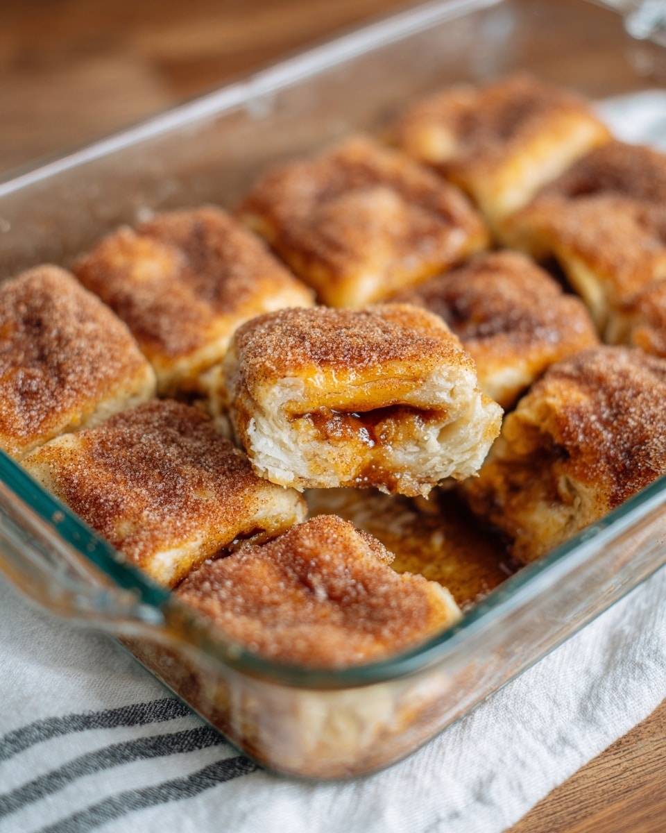 This image shows a glass baking dish filled with baked cinnamon rolls arranged closely together. The rolls have a golden-brown outer layer sprinkled with cinnamon sugar, giving a slightly rough texture. One roll near the front is partially unrolled, revealing inside a soft, fluffy white dough layer wrapped around a rich orange filling that looks smooth and thick. The dish sits on a white marbled surface. The photo taken with an iphone --ar 4:5 --v 7