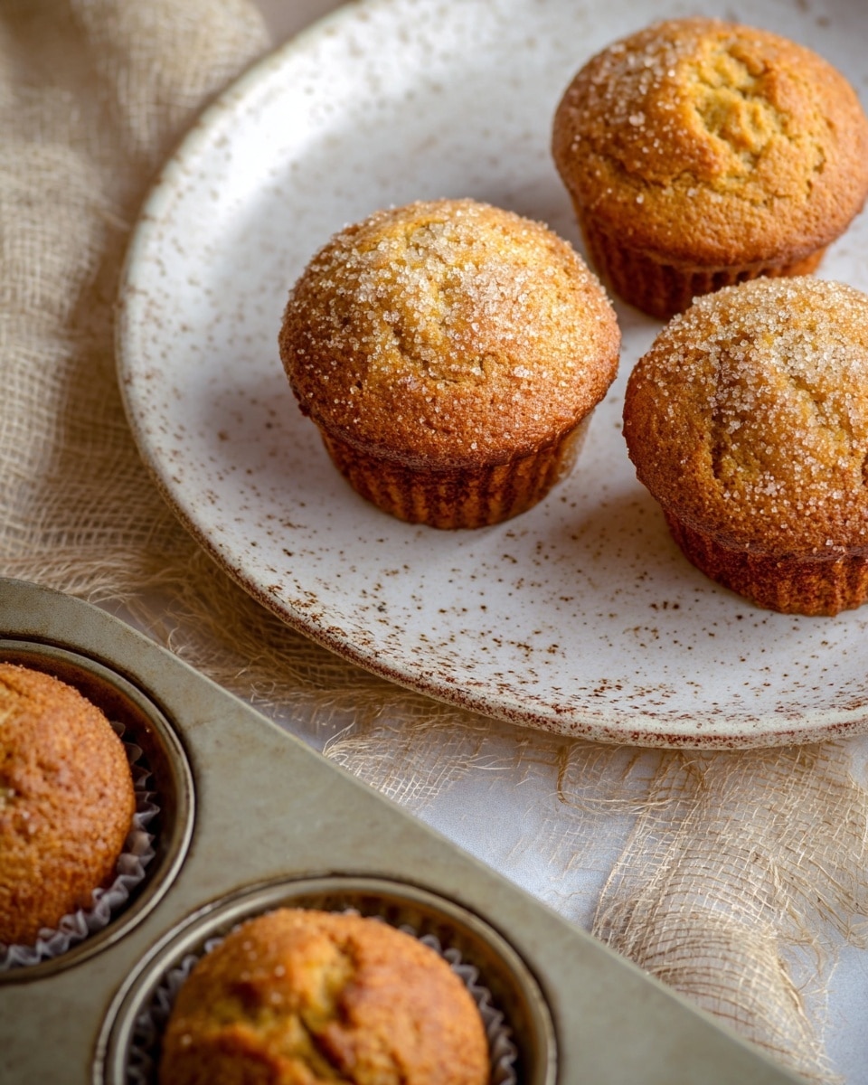 The image shows three golden brown muffins with a slightly cracked top and a light sugar sprinkle, sitting on a round white ceramic plate with a textured, speckled pattern, placed on a white marbled textured surface. Below the plate, a silver muffin tray contains more similarly baked muffins resting inside the muffin cups. The background adds a natural, rustic look with a rough fabric texture visible under the plate and tray. Photo taken with an iphone --ar 4:5 --v 7