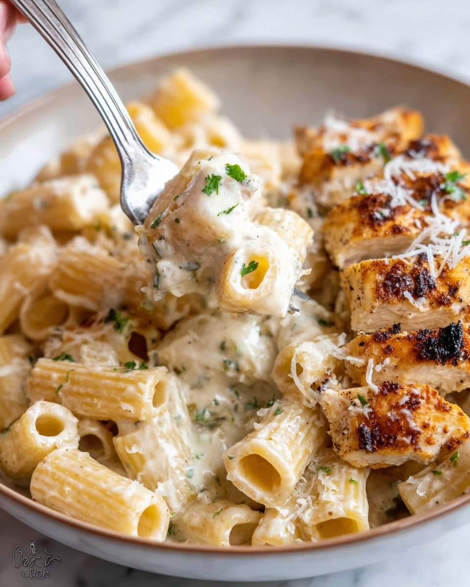 A white plate holds a creamy pasta dish with rigatoni noodles coated in a light beige sauce speckled with herbs. On top of the pasta, there are several pieces of golden brown grilled chicken strips, slightly charred and sprinkled with grated cheese. The textures contrast between the smooth sauce, the firm pasta tubes, and the slightly crispy chicken. A silver fork rests on the right side of the plate, placed on a white marbled surface. Photo taken with an iphone --ar 4:5 --v 7