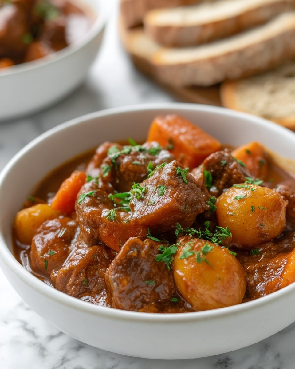 A white bowl filled with thick beef stew showing several chunks of brown beef and large pieces of orange carrots, submerged in rich dark brown gravy. The stew is sprinkled with small bits of green herbs on top. Inside the bowl, to the side, a silver fork and spoon rest partially in the stew. In the background on the white marbled surface, there is a piece of bread with a rough texture and slices of a lighter bread. Nearby is another white bowl containing the same stew and a small wooden bowl with black pepper, with some green herb sprigs scattered around. photo taken with an iphone --ar 4:5 --v 6.1