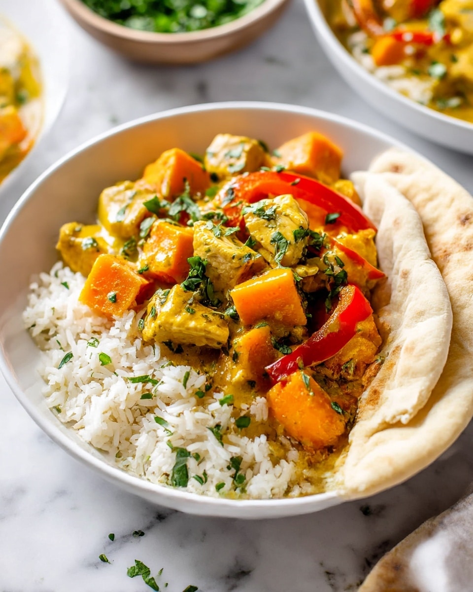 The image shows a white bowl filled with layers of cooked rice at the bottom, topped with a colorful curry containing chunks of orange sweet potatoes, pieces of chicken, and thin slices of red bell pepper, all coated in a golden yellow sauce. Fresh chopped green herbs are sprinkled over the curry. On the right side of the bowl, a soft, folded piece of flatbread leans against the rice and curry. The bowl sits on a white marbled surface, and in the blurred background, another bowl and part of a bowl with green herbs are visible. Photo taken with an iphone --ar 4:5 --v 6.1