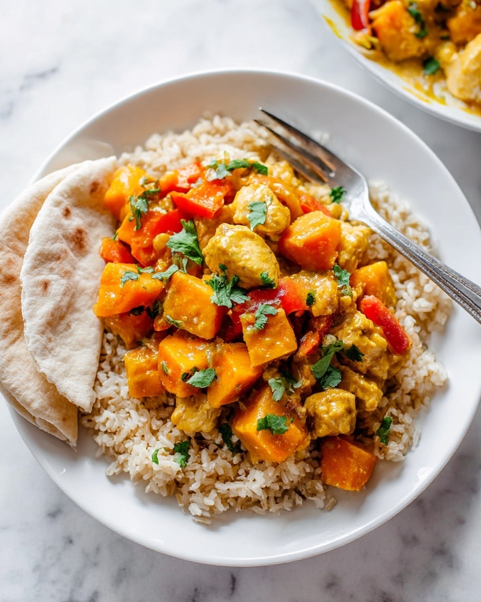 The image shows a white plate with three layers of food. The bottom layer is a bed of cooked brown rice with a light, fluffy texture. On top of the rice is a colorful curry mixture made of orange sweet potato cubes, chunks of light brown cooked chicken, and red bell pepper strips, all coated in a thick, golden-yellow sauce. Small green cilantro leaves are sprinkled over the curry for freshness. A folded piece of soft white flatbread rests on the side of the plate. A silver fork is placed on the rice near the curry. The plate sits on a white marbled surface. Photo taken with an iphone --ar 4:5 --v 6.1