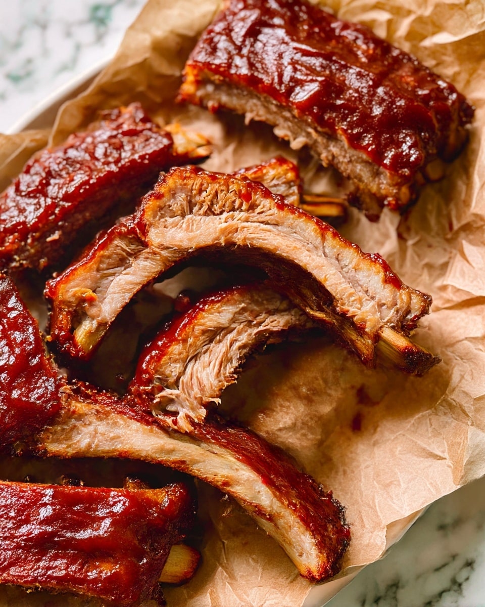 The image shows six barbecue ribs arranged on crumpled light brown parchment paper placed on a white marbled surface; each rib is covered with a shiny, thick, reddish-brown sauce, showing some texture and slight charring on the meat’s edges. In the top left corner, there is a small white bowl filled with more of the same sauce, with a wooden brush resting inside, coated heavily with sauce. The ribs vary slightly in size and are placed close to each other but not overlapping. photo taken with an iphone --ar 4:5 --v 6.1