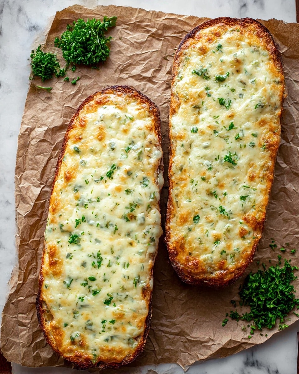 Two long slices of toasted bread are placed side by side on crinkled brown parchment paper over a white marbled surface. Each slice is covered with a thick, bubbly layer of golden-brown melted cheese speckled with small green bits of chopped herbs. The bread underneath is dark and crispy around the edges, contrasting with the creamy cheese on top. Fresh chopped parsley is scattered over the cheese and also lies in small piles to the side. Photo taken with an iphone --ar 4:5 --v 7