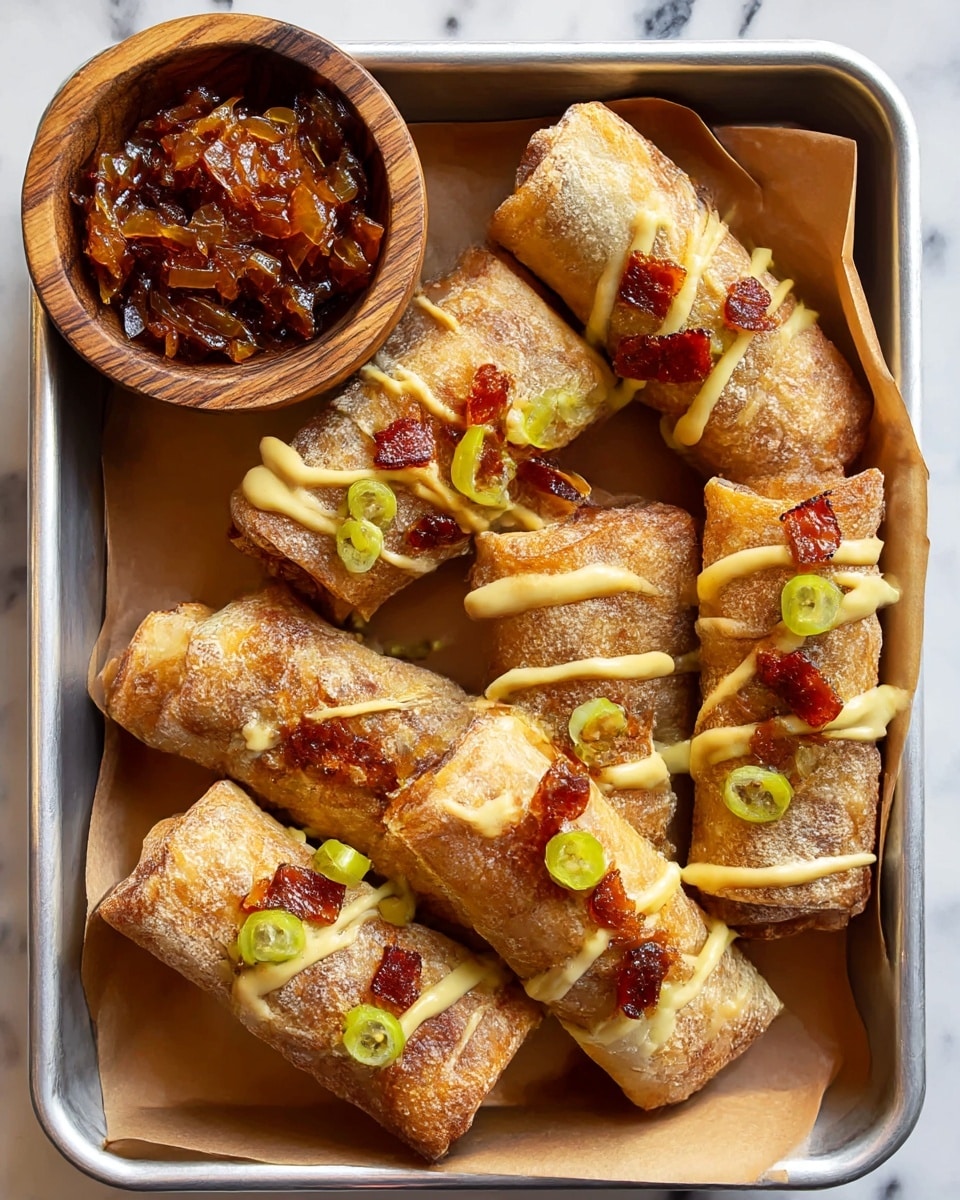 A white metal tray lined with brown paper holds five golden-brown fried rolls with crispy, slightly blistered textures. Each roll is drizzled with a pale yellow sauce in thin, uneven lines and sprinkled with small pieces of bright green pickles. Small chunks of reddish-brown caramelized bits are scattered on top of the rolls. In the top left corner of the tray, there is a small round wooden bowl filled with a chunky dark reddish-brown sauce made from cooked onions or similar ingredients. The tray sits on a white marbled surface photo taken with an iphone --ar 4:5 --v 7