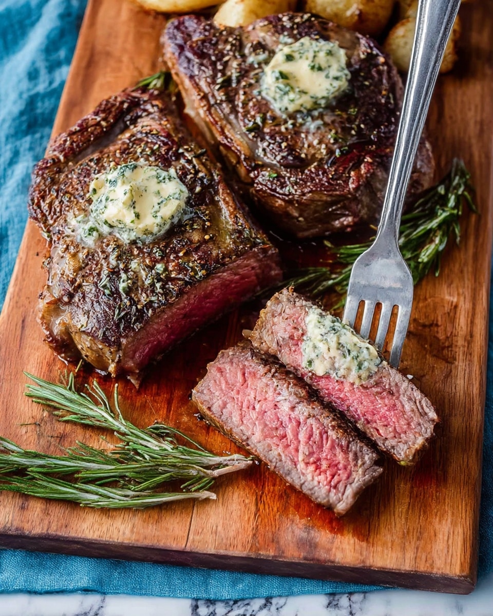 A cooked ribeye steak with a long bone is placed on a brown wooden board. The steak shows a dark grilled texture with some shine from juices and a small dollop of herb butter melting on top, sprinkled with green herbs. Behind the steak, there are baked potatoes, each split open and filled with white sour cream and topped with chopped green herbs and small bits, resting on small dark white plates. A blurred blue cloth and green leafy garnish appear in the background on a white marbled surface photo taken with an iphone --ar 4:5 --v 7