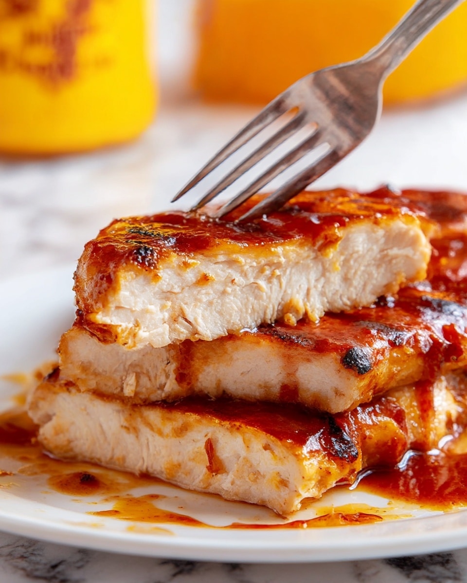 The image shows four pieces of grilled chicken on a white plate, arranged close to each other, each with a shiny orange glaze that looks sticky and bright. The chicken pieces have dark, charred grill marks across their top surfaces, creating a rough texture and striped pattern of black on orange. Some parts of the chicken show a slight caramelized look with a mix of light and deep brown shades, making the surface look rich and juicy. Around the chicken, there are small pools and streaks of the same glossy orange sauce on the white plate, adding a wet look to the scene. The plate rests on a white marbled surface. photo taken with an iphone --ar 4:5 --v 7