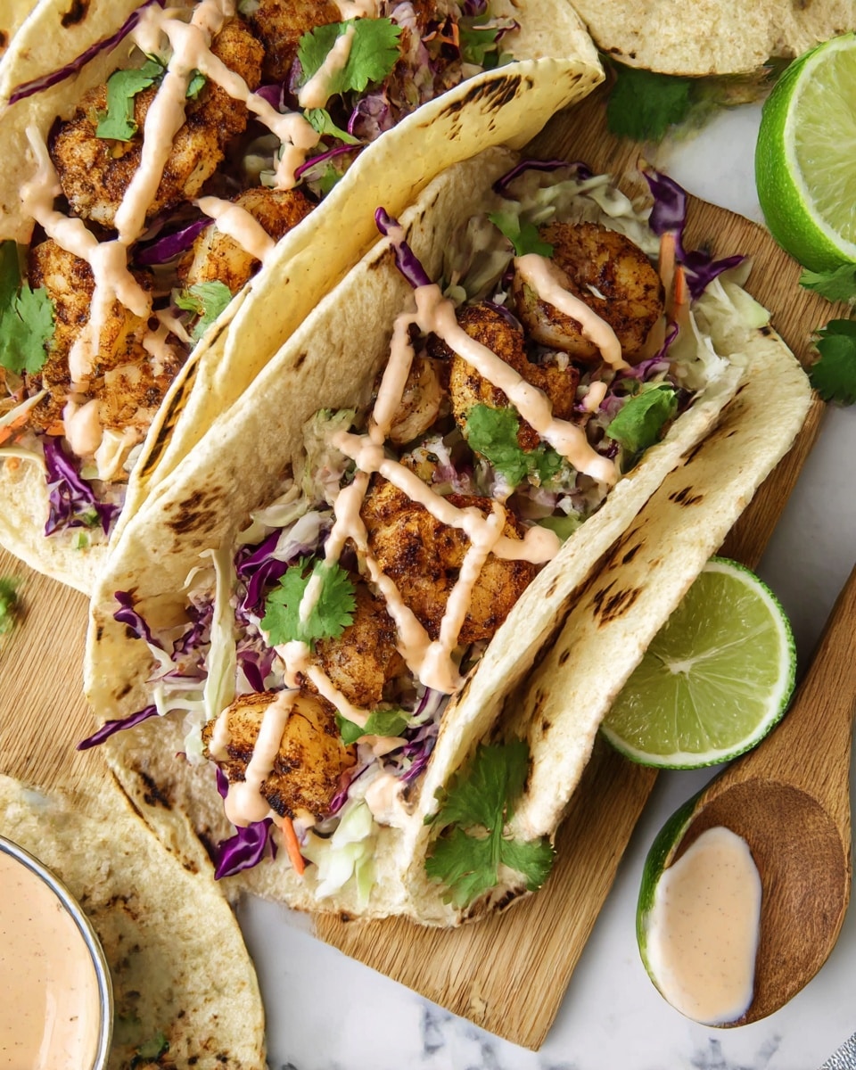 Two grilled shrimp tacos sit on a white speckled plate over a white marbled surface. Each taco has a soft, lightly browned yellow tortilla folded open, holding grilled shrimp with a light char, topped with finely shredded purple and green cabbage mixed with thin orange carrot strips. Fresh green cilantro leaves add color, and a drizzle of creamy light orange sauce is spread over the shrimp and veggies. A wedge of lime rests on the plate near one taco. In the background, more tacos and a small white bowl filled with the purple and green cabbage slaw are visible. photo taken with an iphone --ar 4:5 --v 7