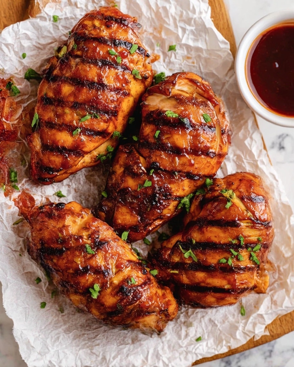 The image shows four pieces of grilled chicken arranged closely on white crinkled parchment paper, placed on a wooden board. Each piece has dark brown grill marks crossing the reddish-brown glazed surface, giving a shiny look with slightly charred edges. Small green herb pieces are scattered on top of and around the chicken, adding a touch of fresh color. In the upper right corner, a small round white bowl holds a dark red sauce. The background is a white marbled surface. photo taken with an iphone --ar 4:5 --v 7