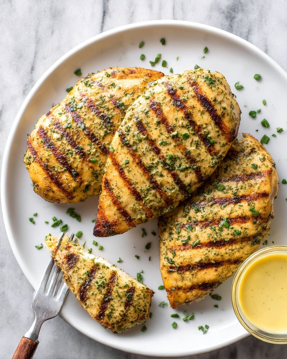 On a large white plate with a black and white striped cloth under it, there is one whole grilled chicken piece on the left side, golden brown with grill marks and sprinkled with chopped green herbs, showing a slightly rough texture from the seasoning; to the right, several slices of the same chicken are arranged in a small pile, revealing the white, juicy inside with a lightly browned outer edge. Above the chicken, a small clear glass bowl holds a creamy, pale yellow sauce with a smooth texture. At the bottom of the plate, there is a small wooden spoon resting with a dollop of the same creamy sauce on its tip. The scene is on a white marbled surface. photo taken with an iphone --ar 4:5 --v 7