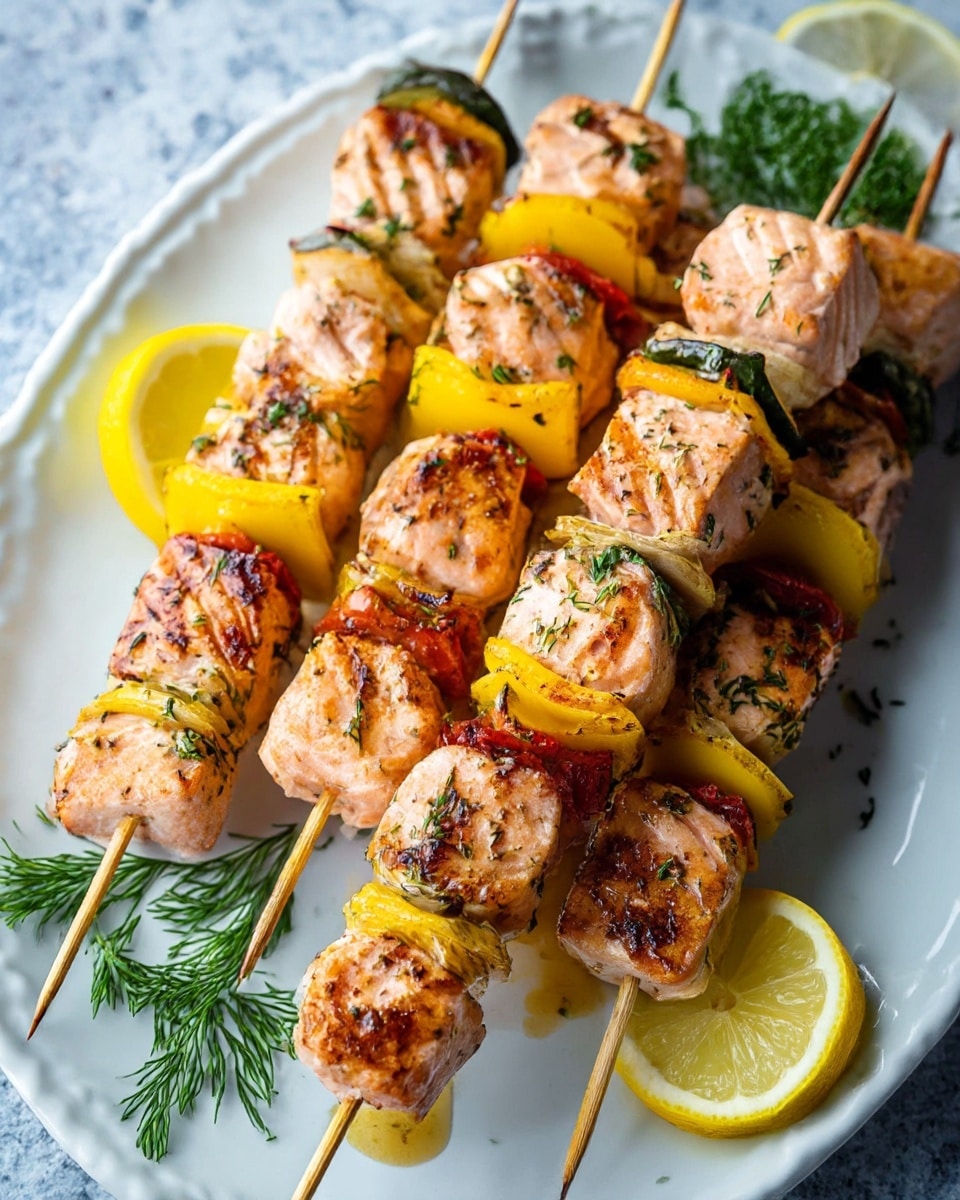 Three wooden skewers lay on a white plate with ridged edges, each skewer holding four thick, grilled salmon cubes that are lightly browned with a slightly crispy texture. Between each salmon piece are bright yellow, thin, curled lemon slices, adding a fresh contrast to the pinkish-orange fish. Small green capers and white sesame seeds are scattered across the salmon pieces, giving extra detail. Fresh green parsley leaves are placed on the plate around the skewers, all set on a white marbled surface. Photo taken with an iphone --ar 4:5 --v 7