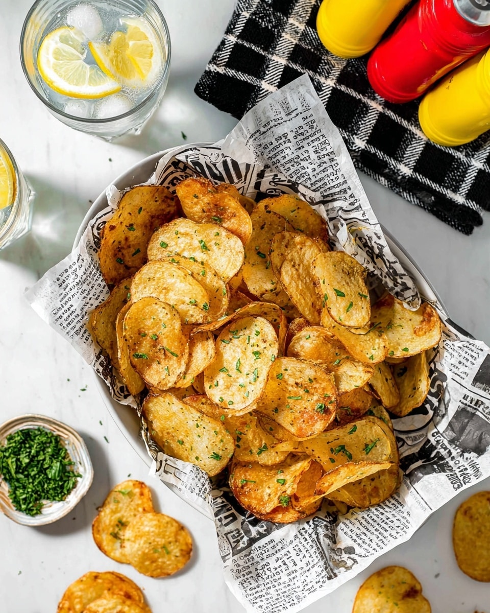A black bowl lined with light brown parchment paper holds many light golden brown potato chips with some darker edges, sprinkled with small bits of green herbs and a fine spice coating. Around the bowl, on a white marbled surface, there is a small white bowl filled with bright red ketchup with one chip dipped inside it, a small white bowl with green chopped herbs, and two clear glasses with ice cubes and lemon slices. A black and white checkered cloth is partially visible near a white bowl with a wooden spoon holding a yellow spice powder. Photo taken with an iphone --ar 4:5 --v 7