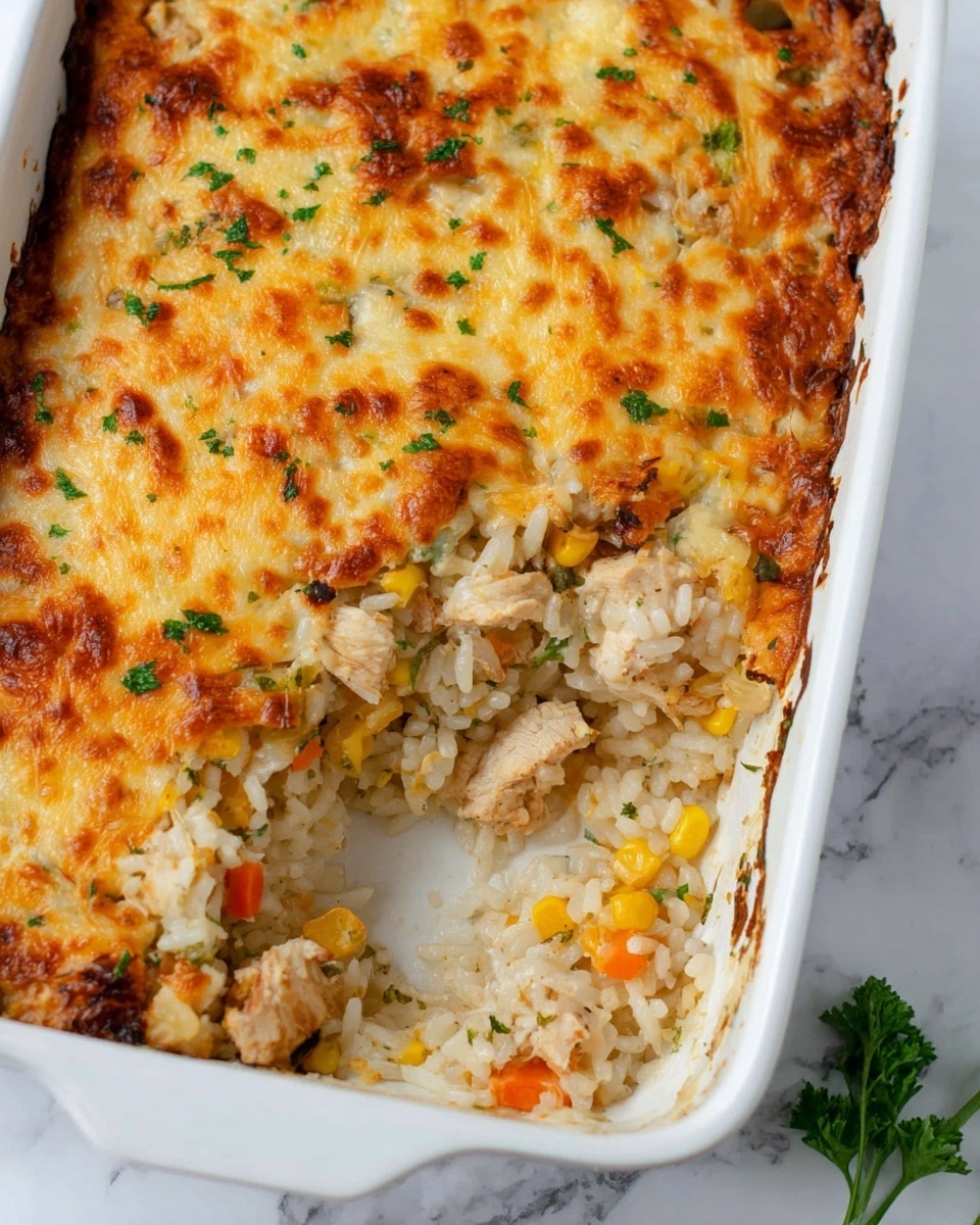 A white rectangular baking dish holds a layered casserole. The top layer is golden brown melted cheese with small bits of green herbs scattered across. Below, there are chunks of cooked chicken mixed with white rice, along with small pieces of orange carrot and yellow corn. The rice looks soft and fluffy, mixing closely with the chicken pieces and vegetables. The edges of the dish show some browning from baking. The background is a white marbled surface with a small sprig of green herb placed nearby. photo taken with an iphone --ar 4:5 --v 7