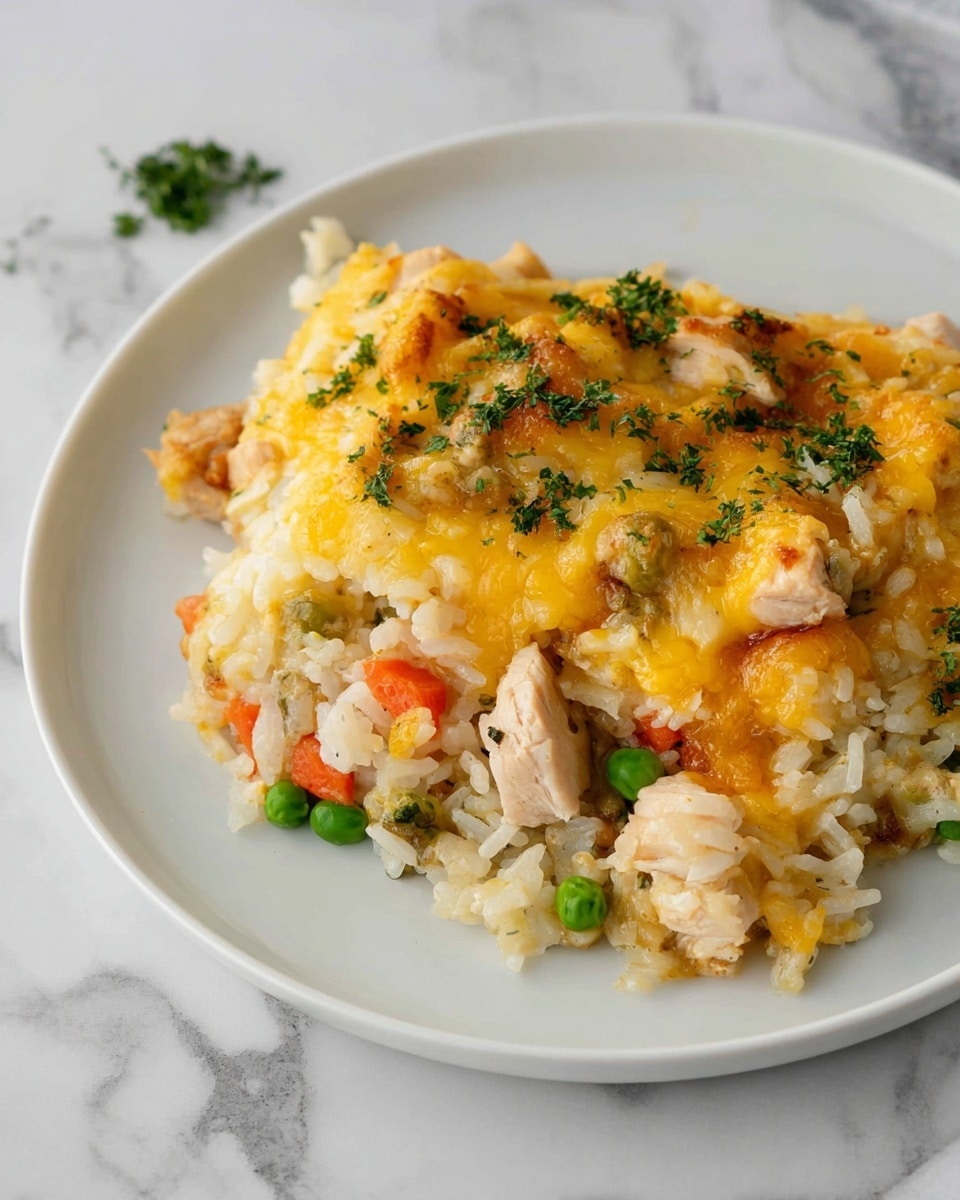 A white plate holds a layered dish featuring cooked white rice mixed with small green peas and diced orange carrots, topped with golden melted cheese that covers chunks of light golden-brown cooked chicken pieces. Fresh green herb pieces are scattered on top, adding contrast to the creamy cheese layer. The plate rests on a white marbled surface with a golden fork placed beside it. Photo taken with an iphone --ar 4:5 --v 7
