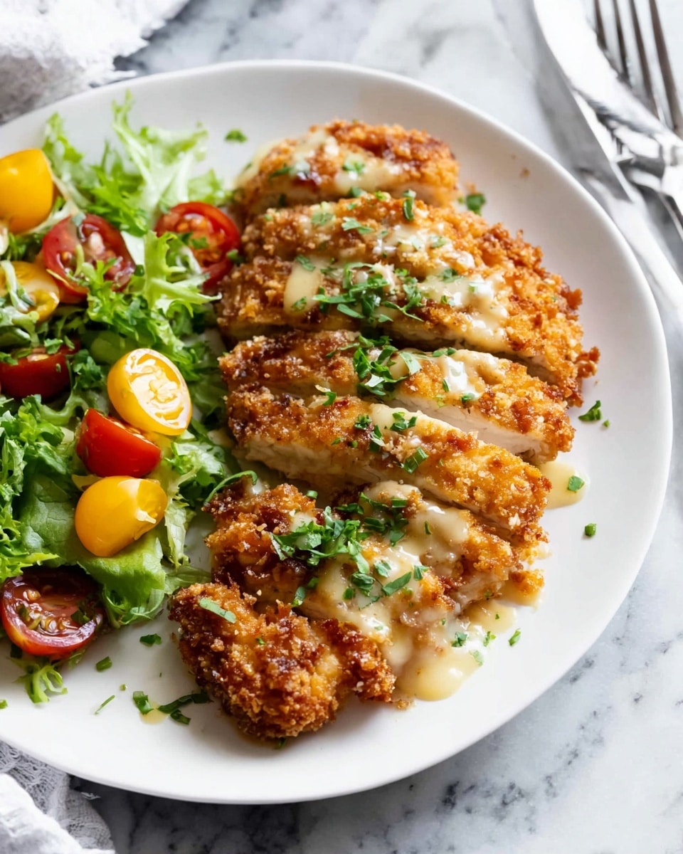 The image shows a crispy golden-brown fried chicken cut into several pieces and laid out on the right side of a white plate. The chicken is topped with a light creamy sauce and sprinkled with fresh green herbs. On the left side of the plate, there is a small salad with green leafy lettuce and halved cherry tomatoes in red and yellow colors. The plate is on a white marbled surface with a silver fork in the background near the top right corner. Photo taken with an iphone --ar 4:5 --v 7
