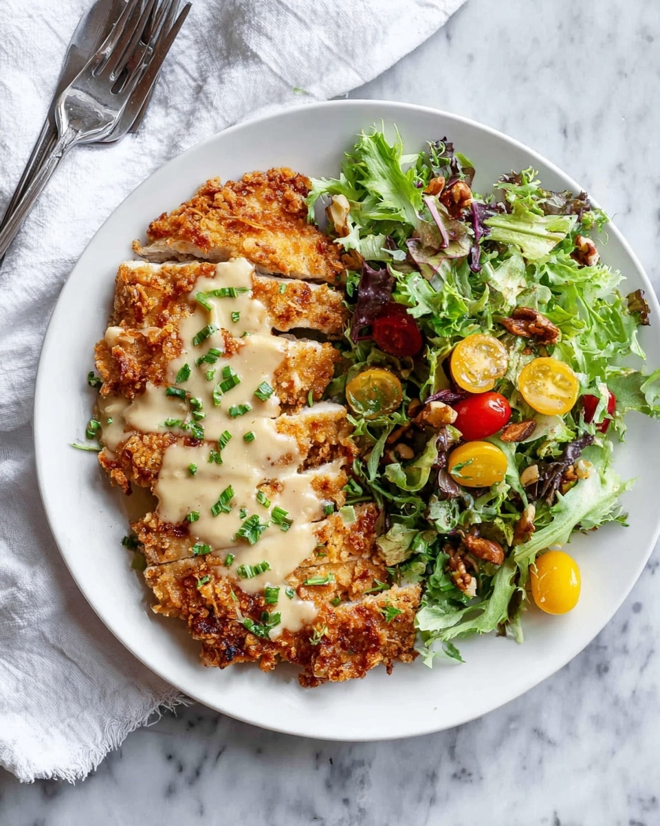 The image shows a white plate on a white marbled surface holding a sliced golden-brown fried chicken fillet, coated with crunchy bits and topped with a light cream sauce and chopped green herbs. To the side of the chicken, there is a fresh salad with green lettuce leaves and colorful yellow and red cherry tomatoes sliced in half. A silver fork is holding a small piece of the chicken close to the plate, with the focus on the textured crispy coating and creamy topping. The lighting highlights the texture contrasts and the fresh colors. photo taken with an iphone --ar 4:5 --v 7