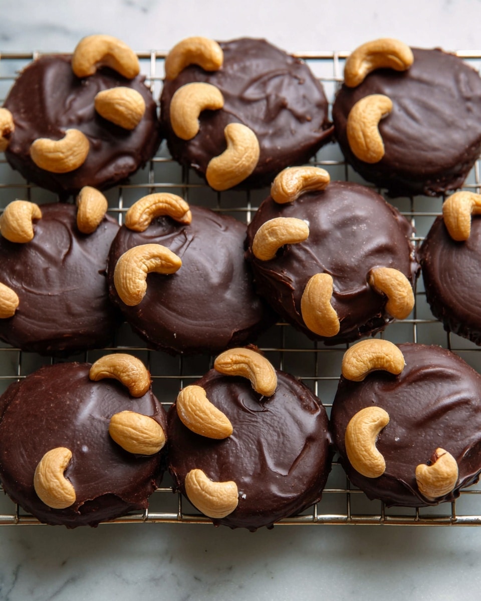 A close-up shows a woman's hand pulling apart a small round treat with a dark chocolate outer shell that has a slightly shiny, textured surface. Inside is a thick, stretchy golden caramel layer that stretches between the two halves with a smooth, glossy look. Four curved roasted cashew nuts are placed evenly around the edge of the chocolate shell, sticking out like claws. In the background, more of the same treats rest on a white plate and white marbled surface. The image captures the soft stretchiness of the caramel and the rich darkness of the chocolate photo taken with an iphone --ar 4:5 --v 7