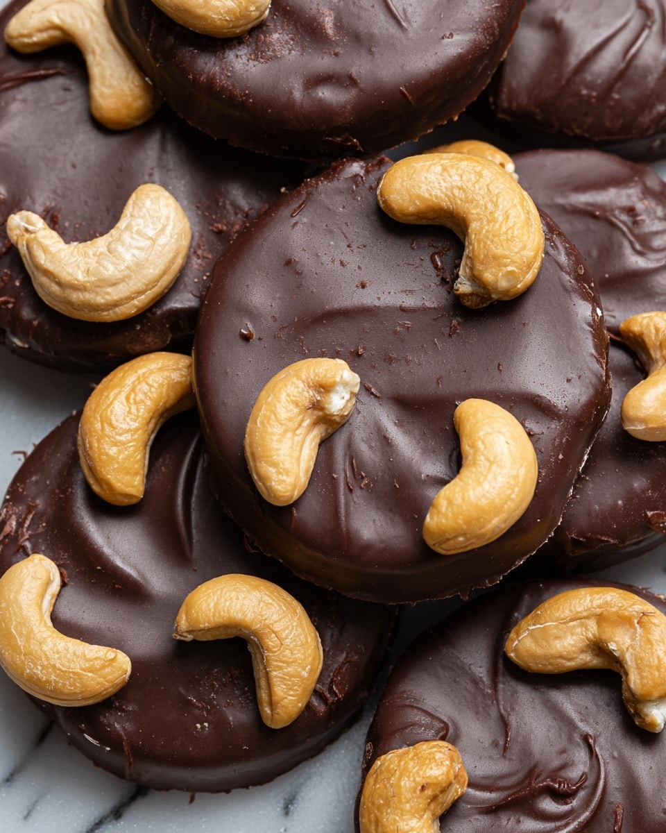 The image shows a close-up of several round chocolate treats stacked together on a white marbled surface. Each treat has a smooth, shiny dark brown chocolate layer on top, with a slightly glossy texture and faint swirl marks on the surface. Around the edges, there are several whole light tan cashew nuts partially embedded into the chocolate, creating a textured contrast with their curved shapes and matte finish. The chocolate pieces vary slightly in height and overlap one another, making a dense pile with cashews sticking out in different directions. Photo taken with an iphone --ar 4:5 --v 7